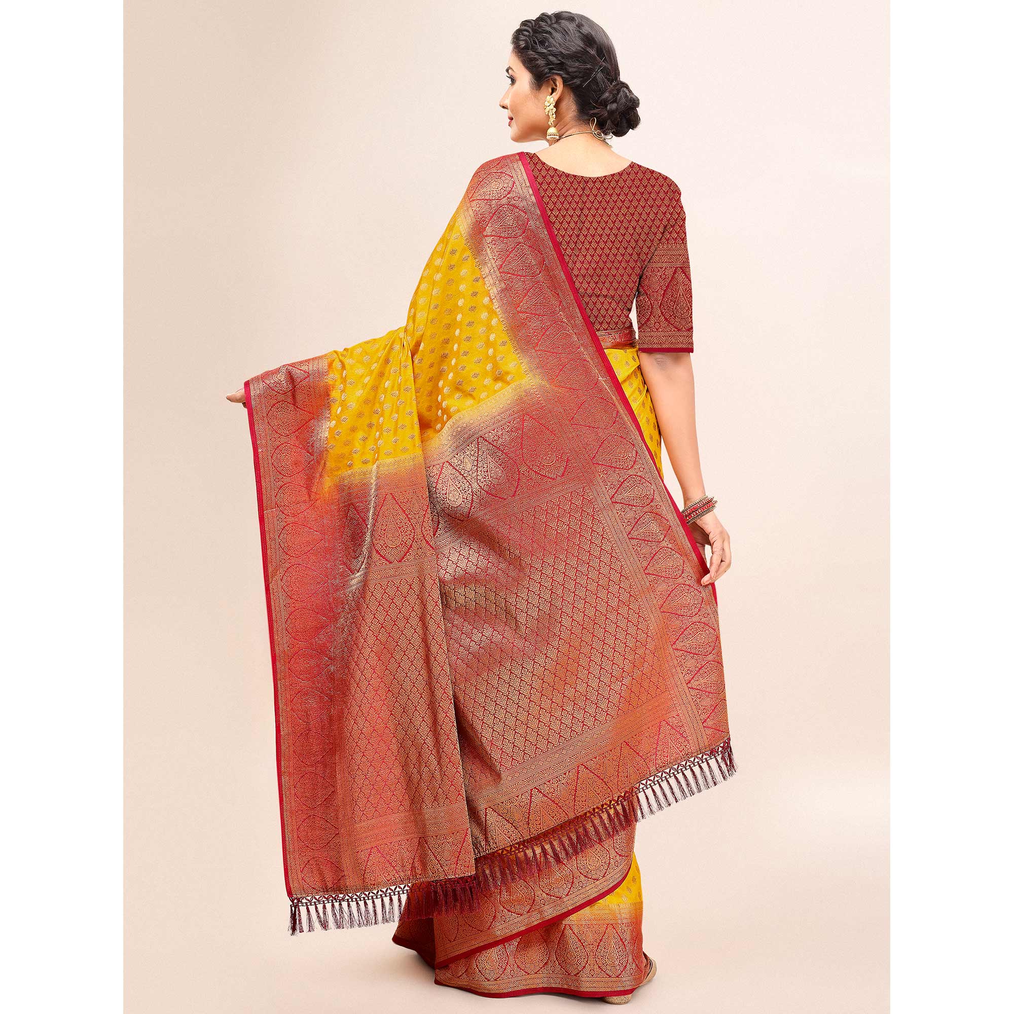 Yellow Woven Dola Silk Saree With Tassels