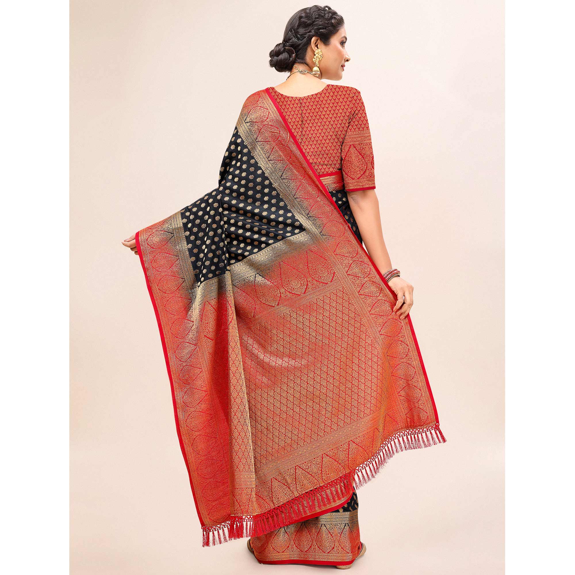 Black Woven Dola Silk Saree With Tassels