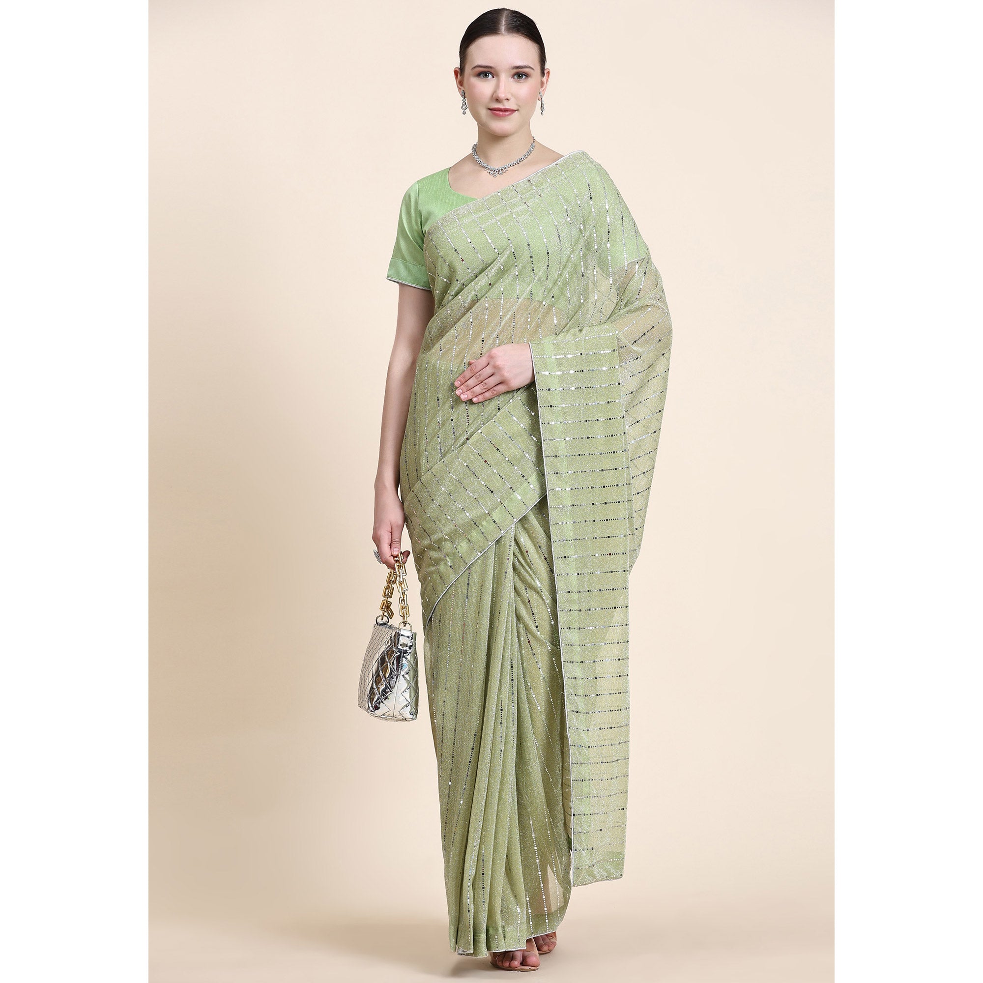 Pista Green Tikali Work Lycra Saree