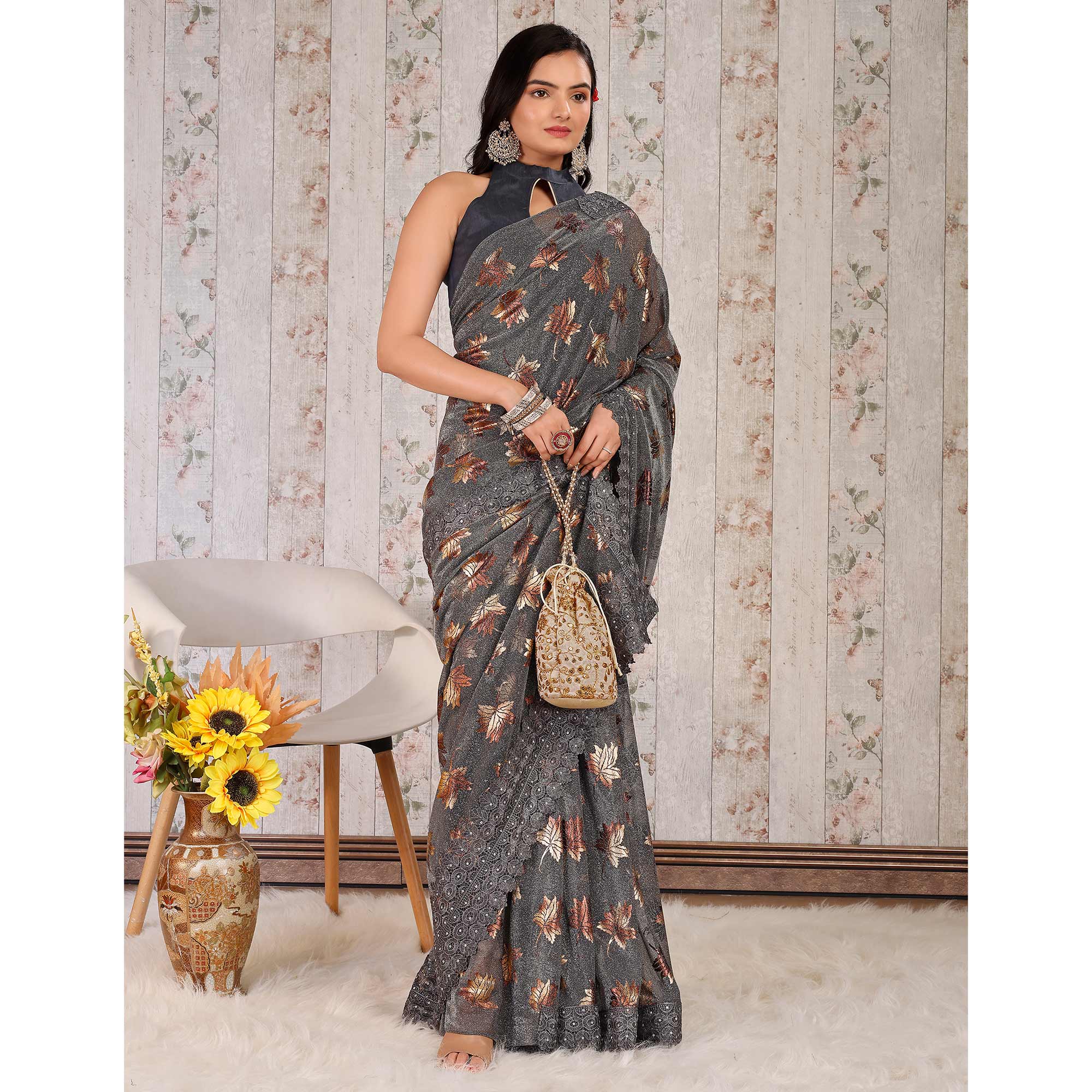 Grey Foil Printed Lycra Saree With Embroidered Lace Border