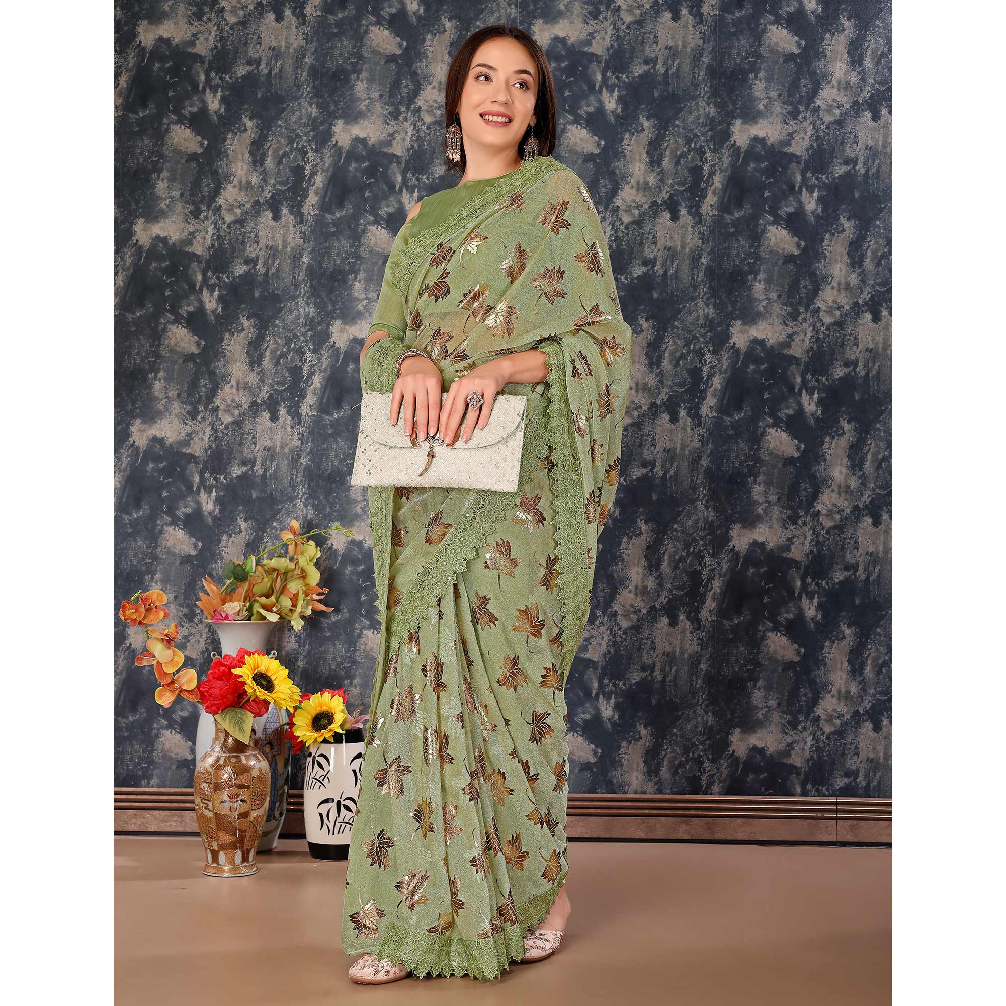 Green Foil Printed Lycra Saree With Embroidered Lace Border