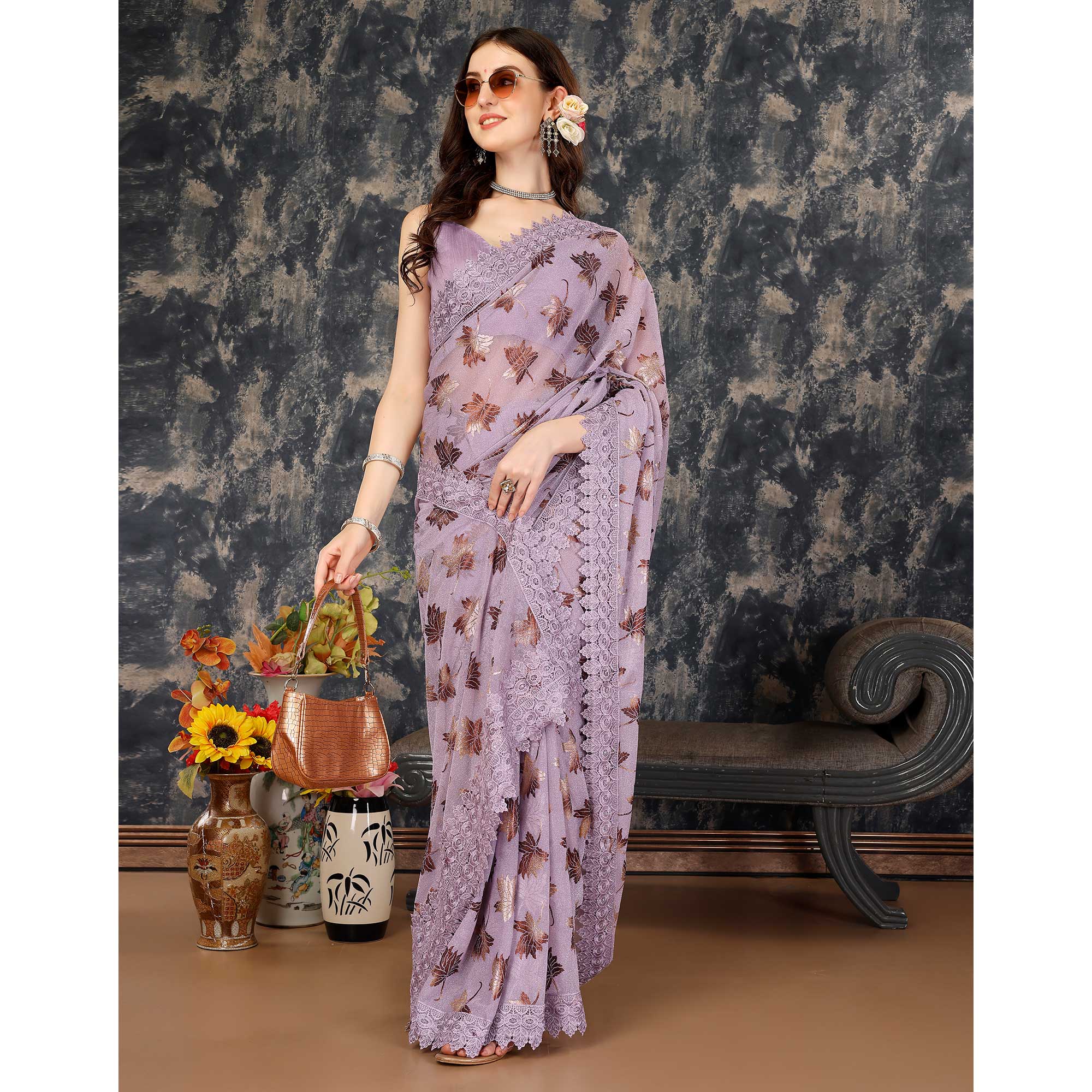 Light Purple Foil Printed Lycra Saree With Embroidered Lace Border