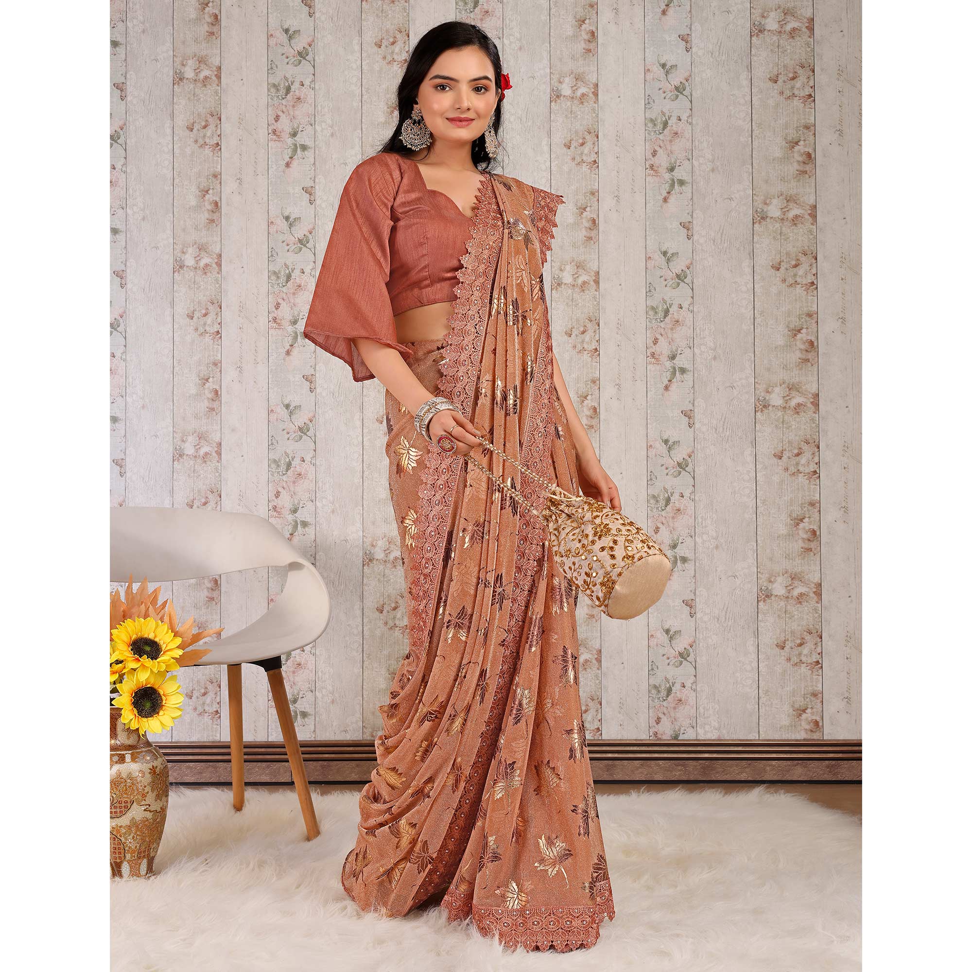 Dusty Peach Foil Printed Lycra Saree With Embroidered Lace Border