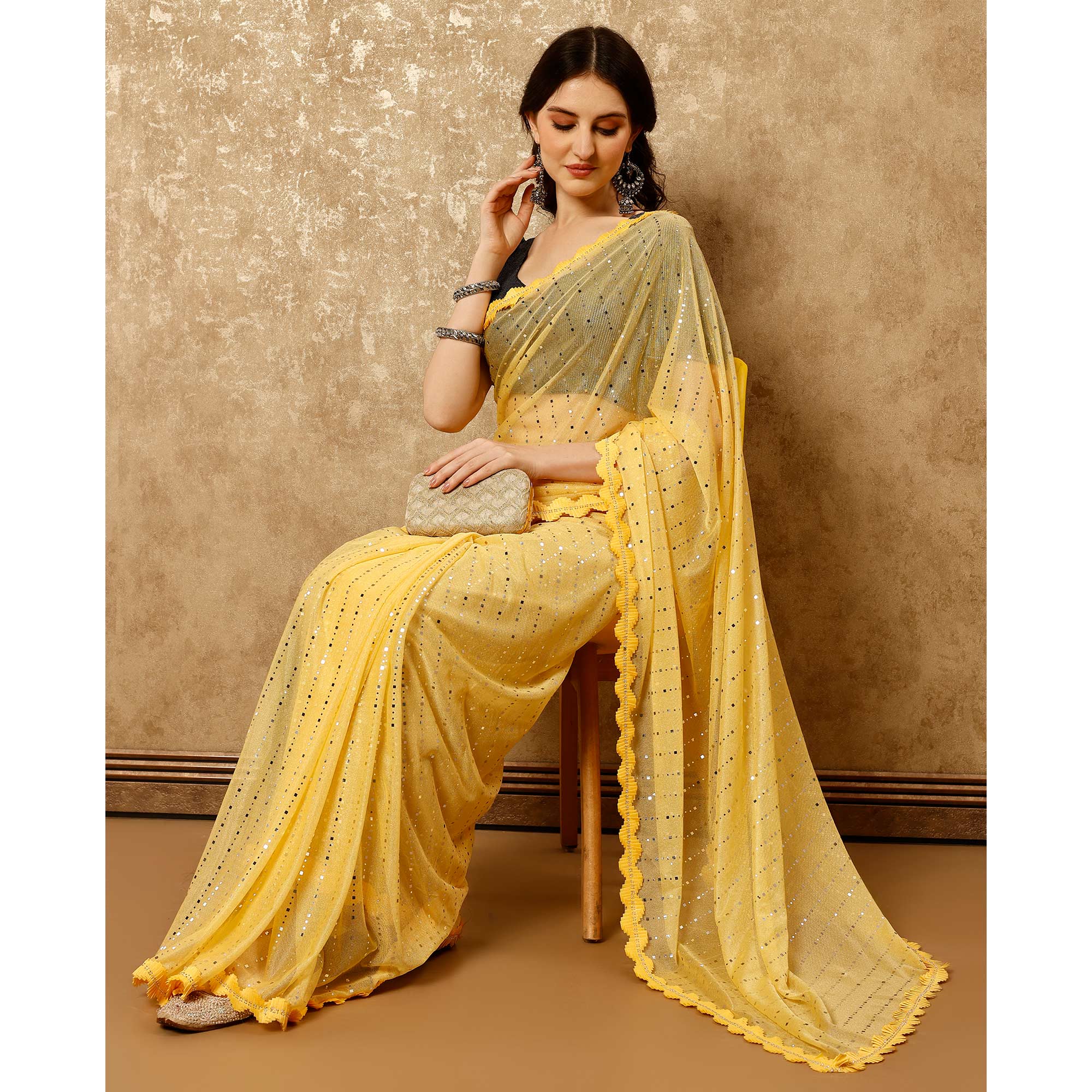 Yellow Tikali With Swarovski Work Lycra Ready To Wear Saree