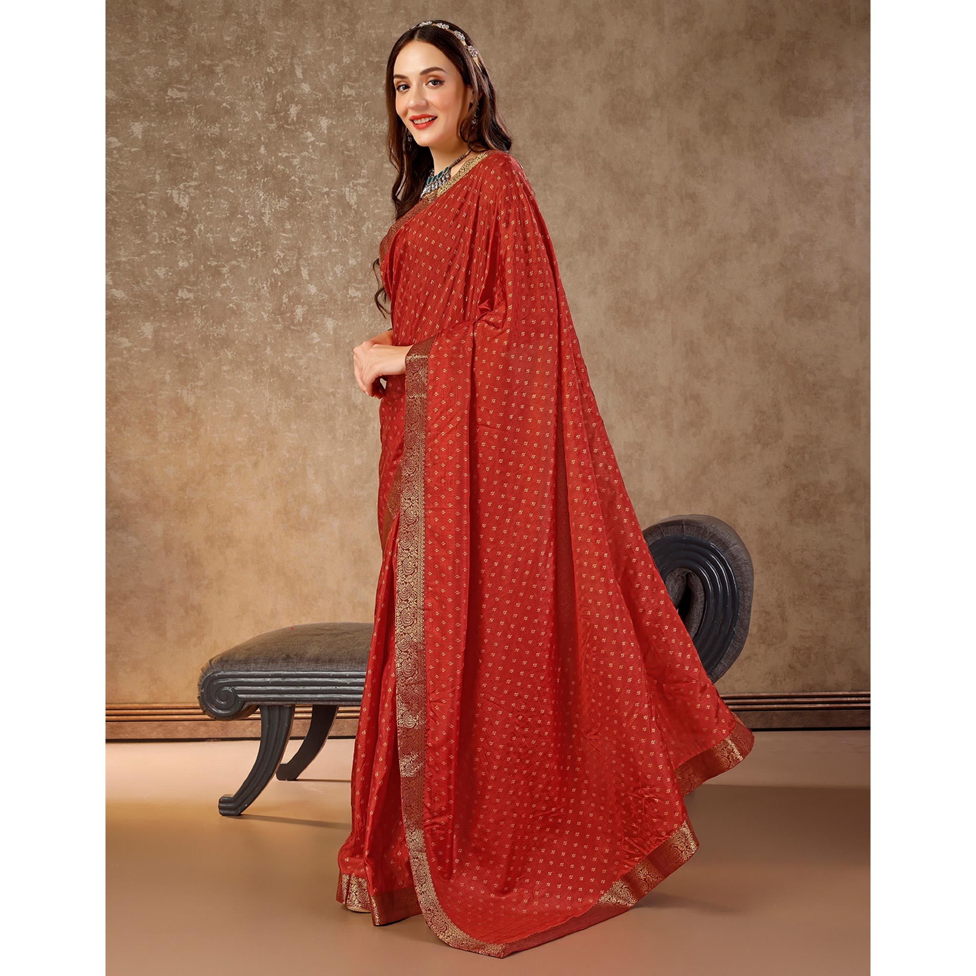 Rust Floral Foil Printed Vichitra Silk Saree With Lace Border