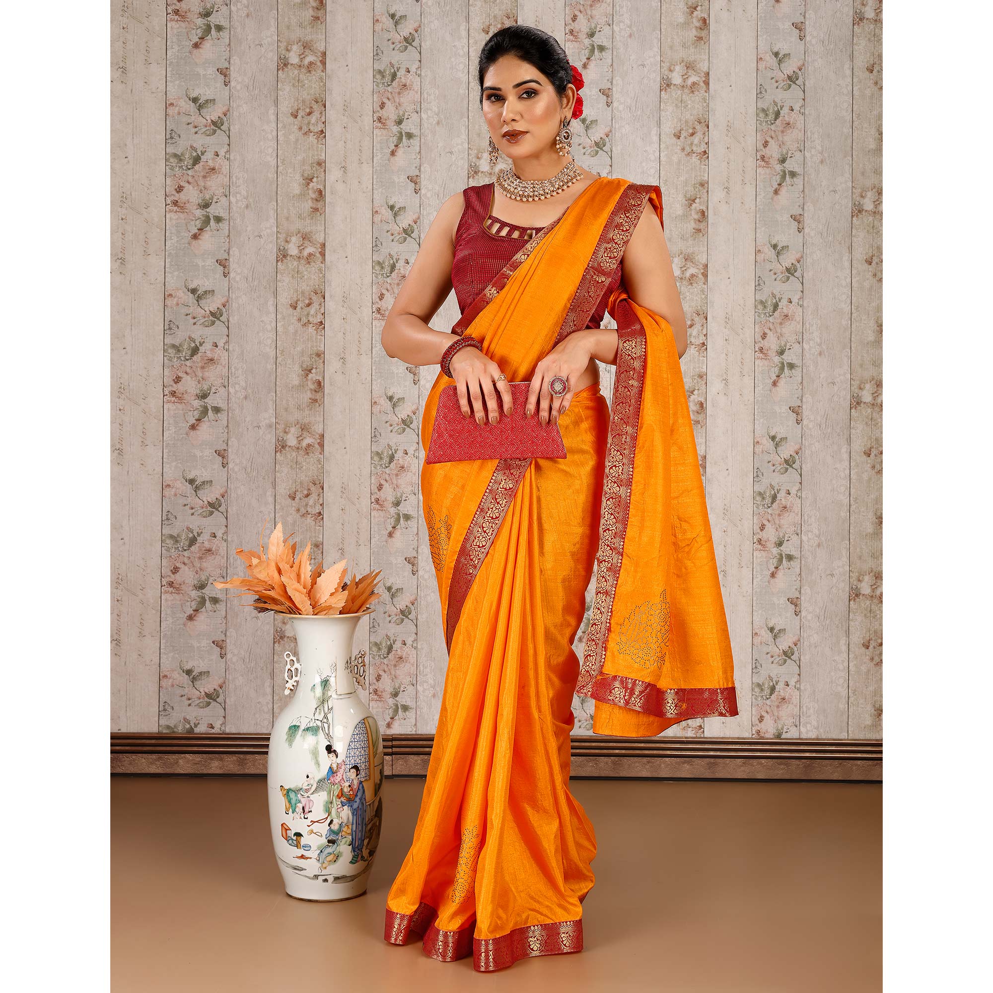 Yellow Floral Swarovski Work Vichitra Silk Saree With Lace Border