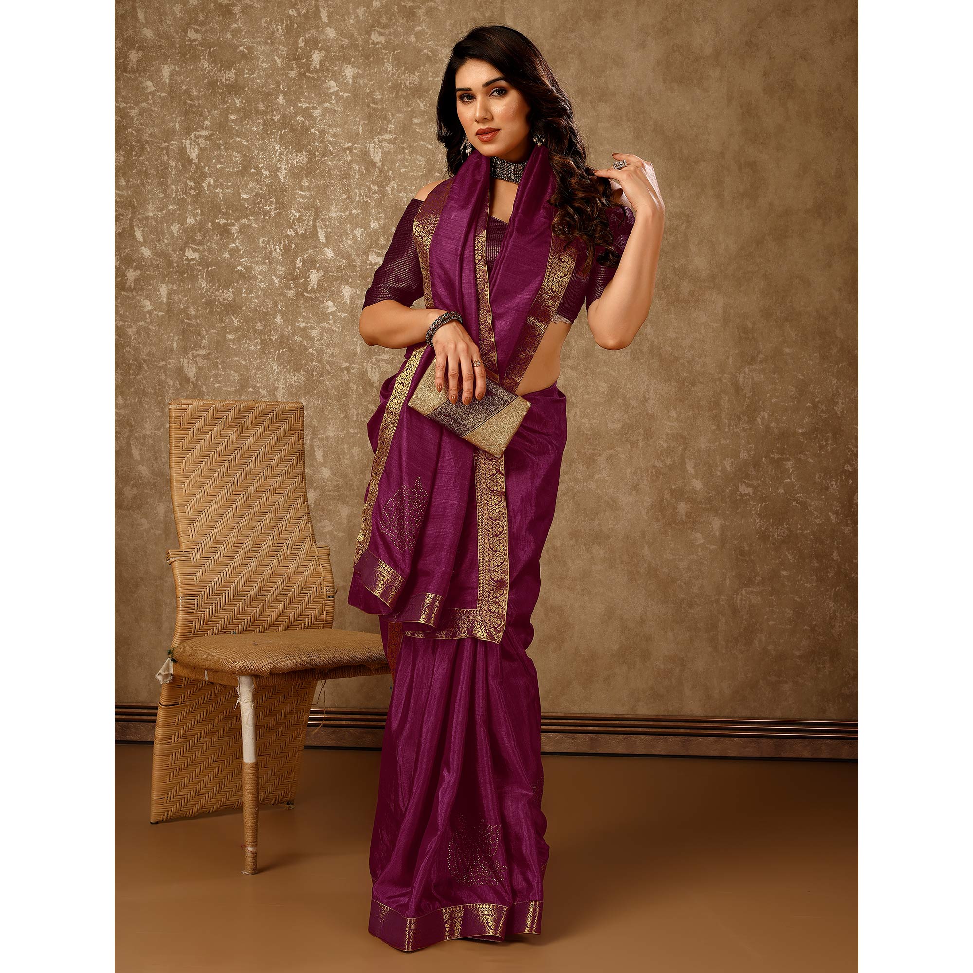 Purple Floral Swarovski Work Vichitra Silk Saree With Lace Border