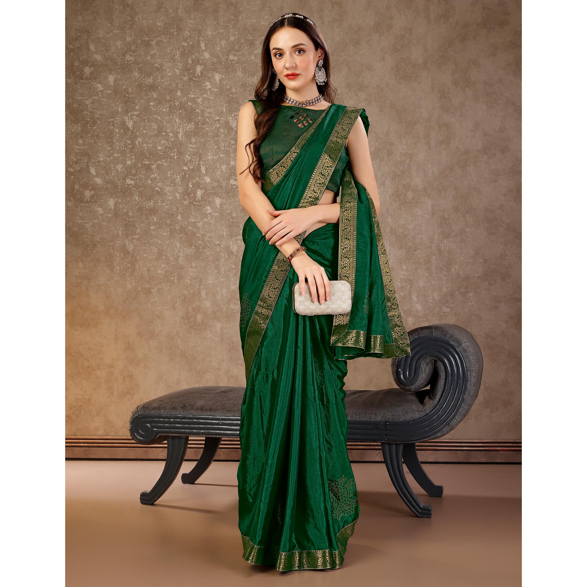 Green Floral Swarovski Work Vichitra Silk Saree With Lace Border