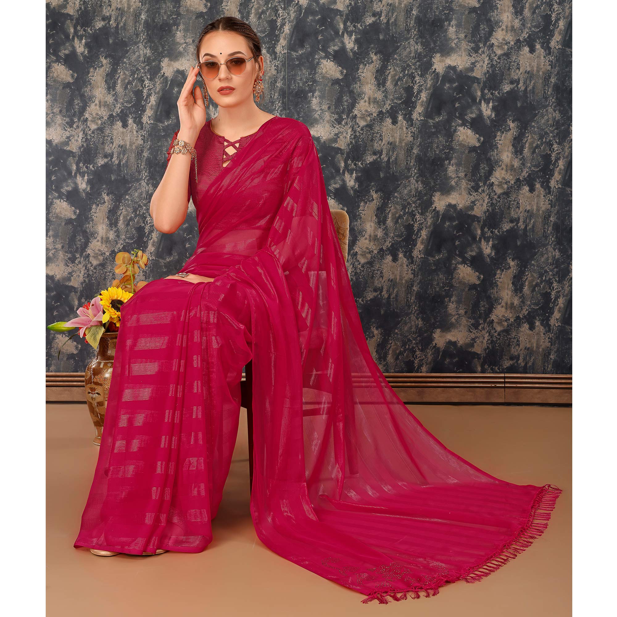 Rani Pink Swarovski Work Chiffon Saree With Tassels