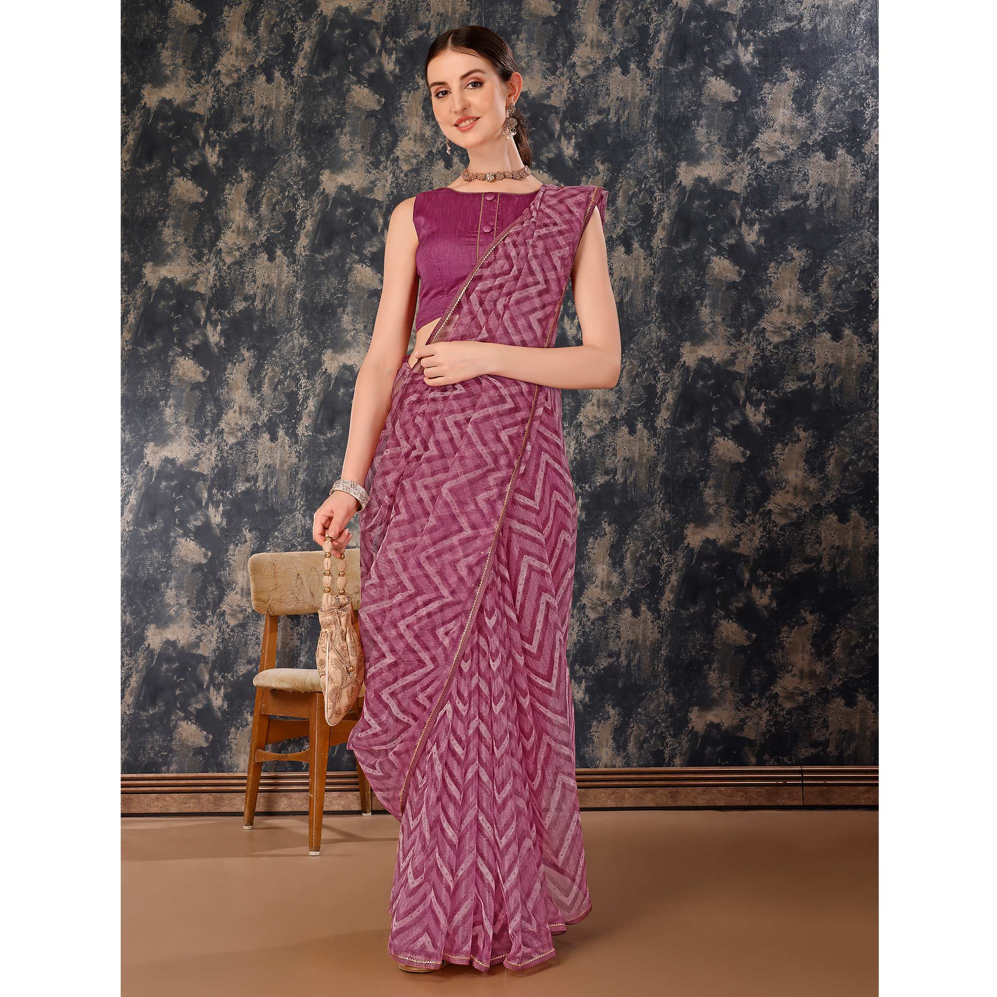 Purple Printed With Zari Work Cotton Silk Saree With Lace Border