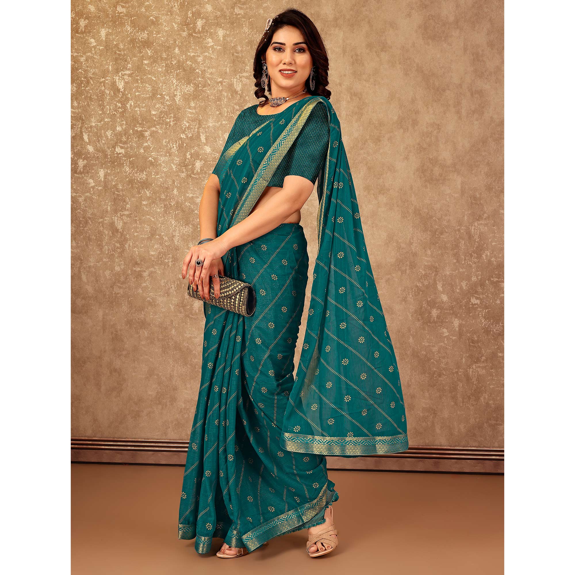 Teal Floral Foil Printed Chiffon Saree With Lace Border