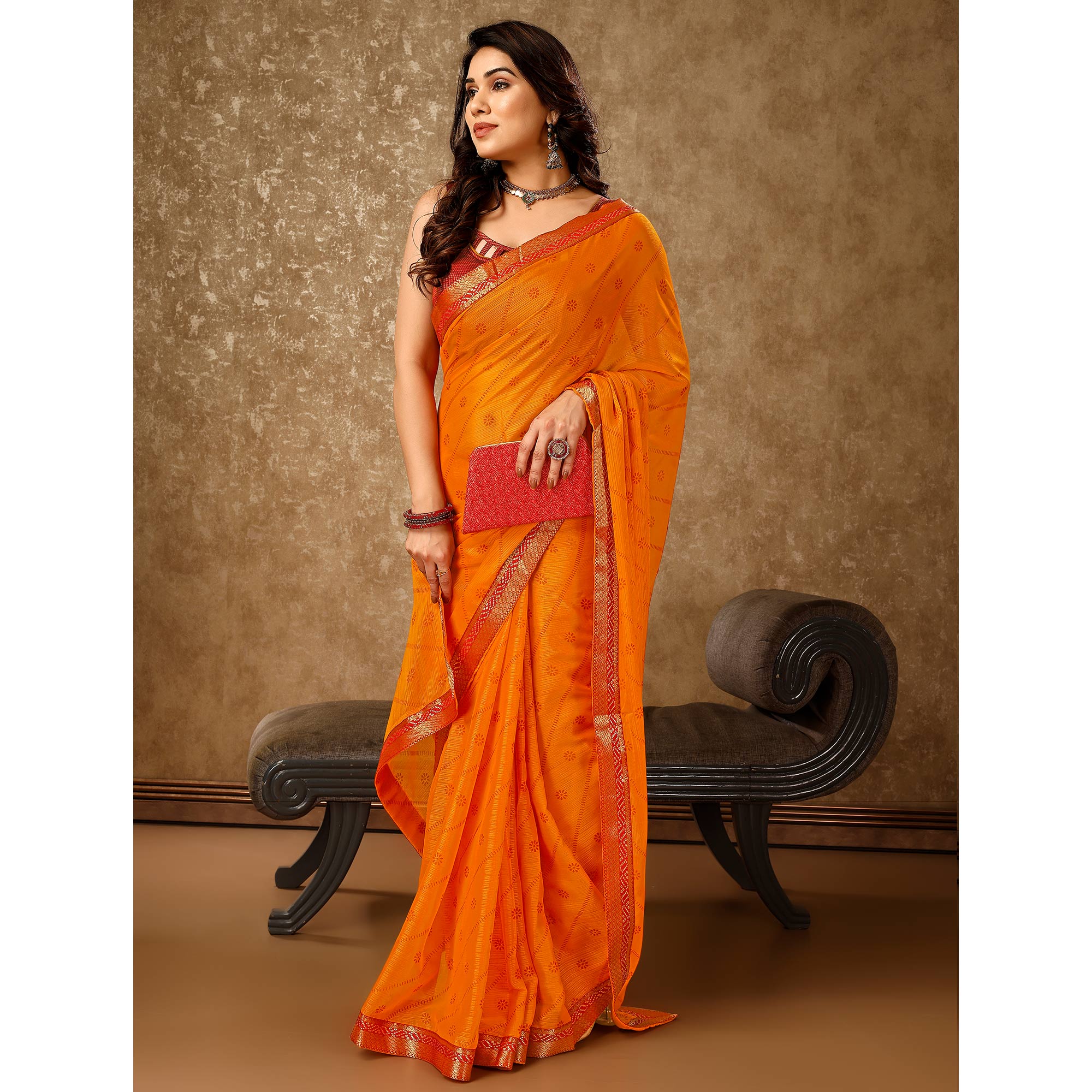 Orange Floral Foil Printed Chiffon Saree With Lace Border