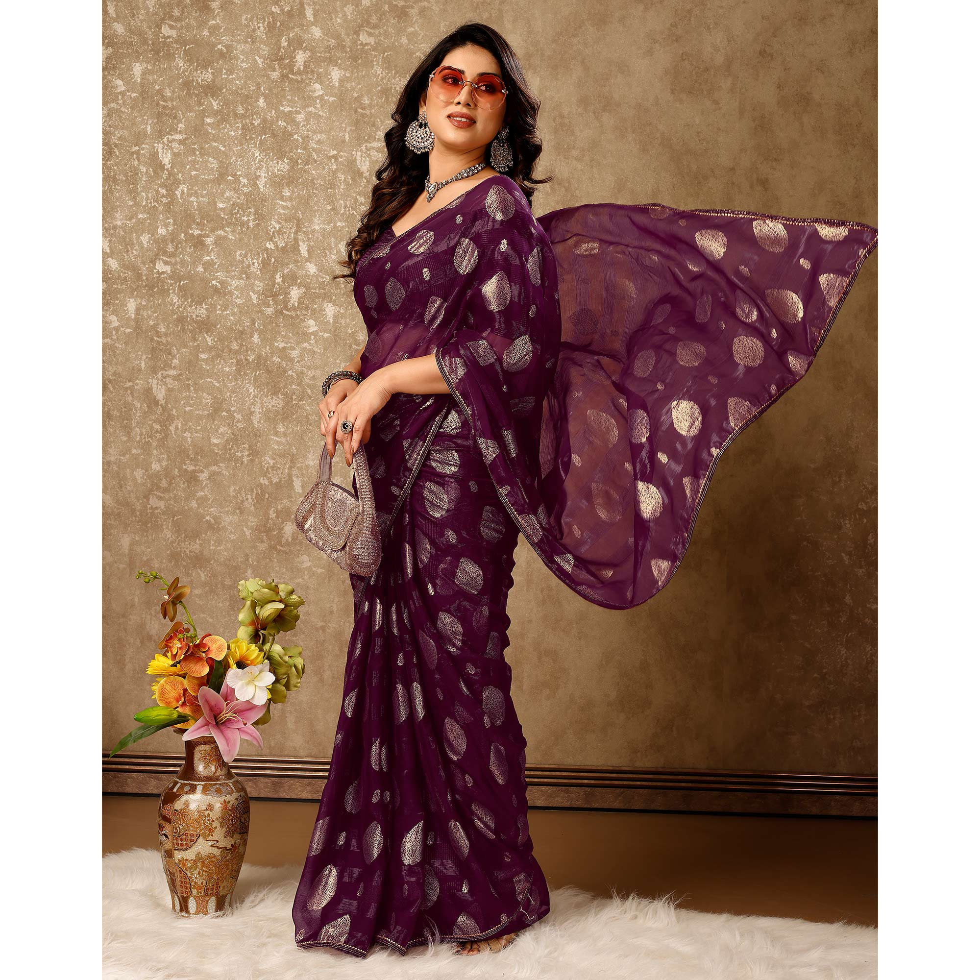 Purple Foil Printed Chiffon Saree With Gota Patti Lace Border