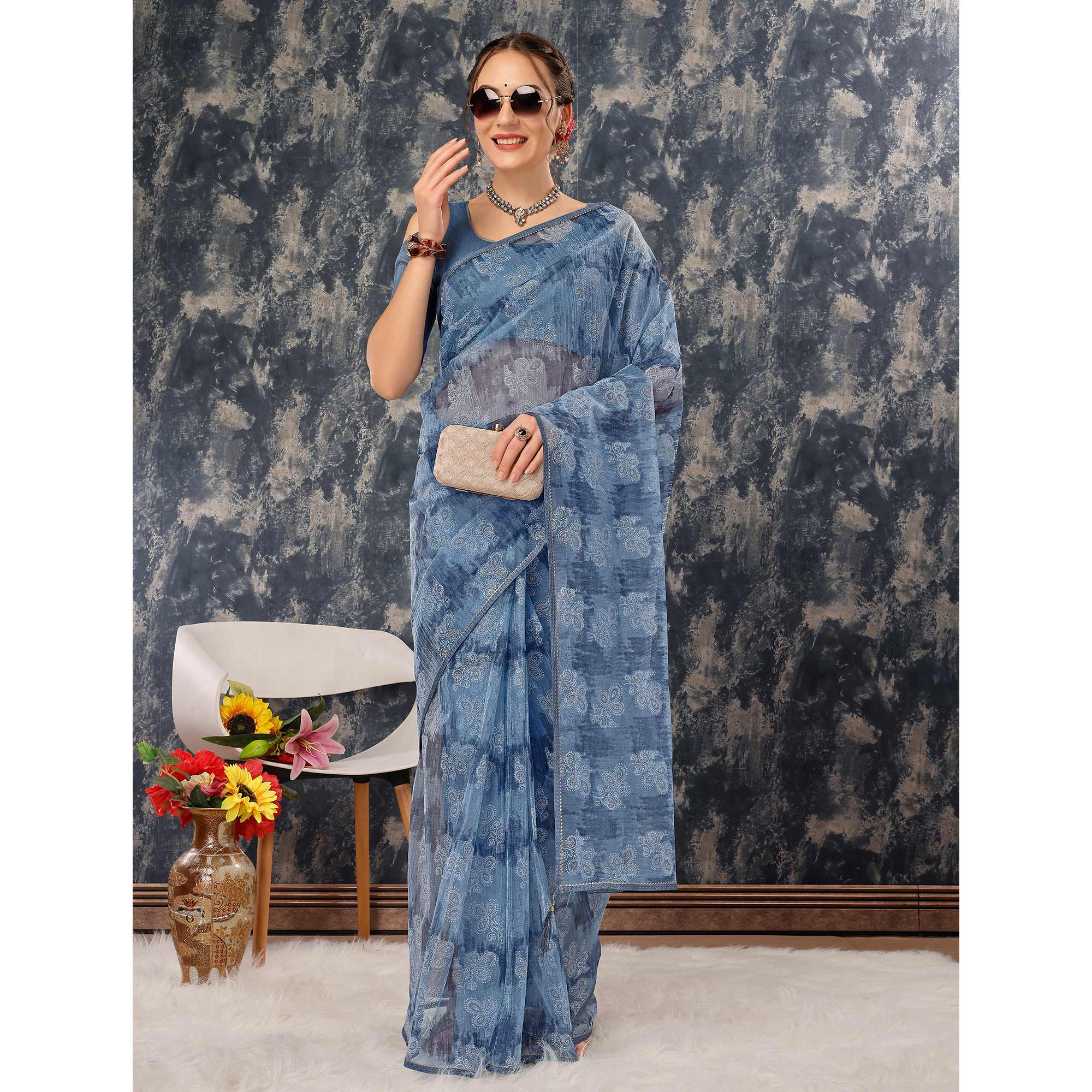 Blue Floral Printed With Zari Work Cotton Silk Saree