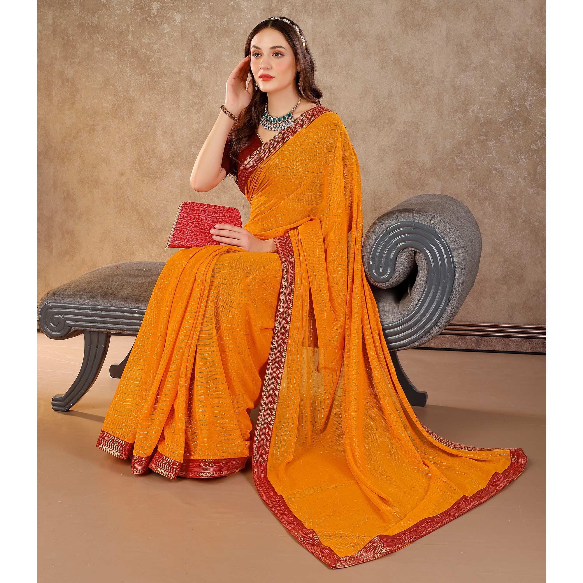 Yellow Zari Embroidery Chiffon Saree With Lace Border