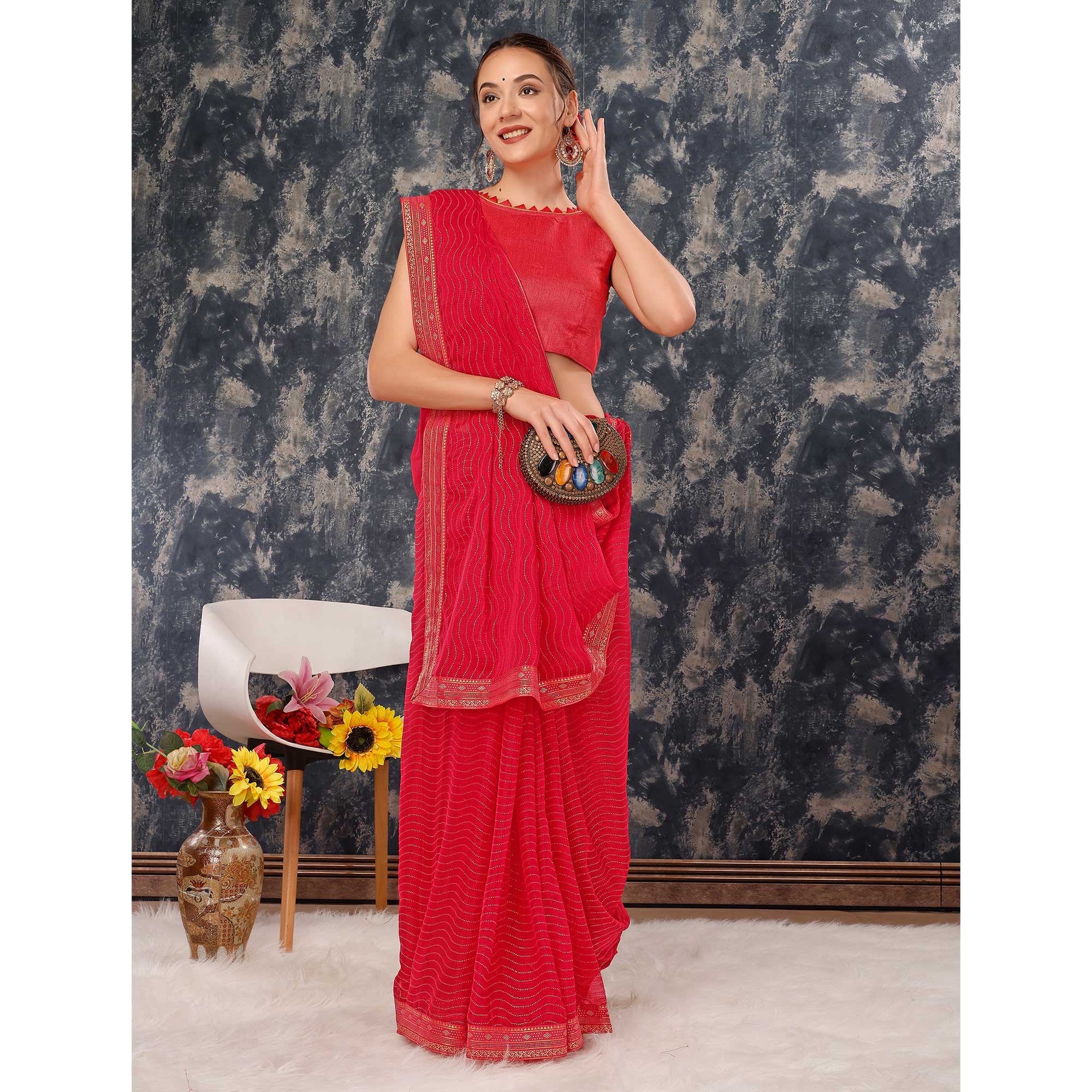 Pink Zari Embroidery Chiffon Saree With Lace Border