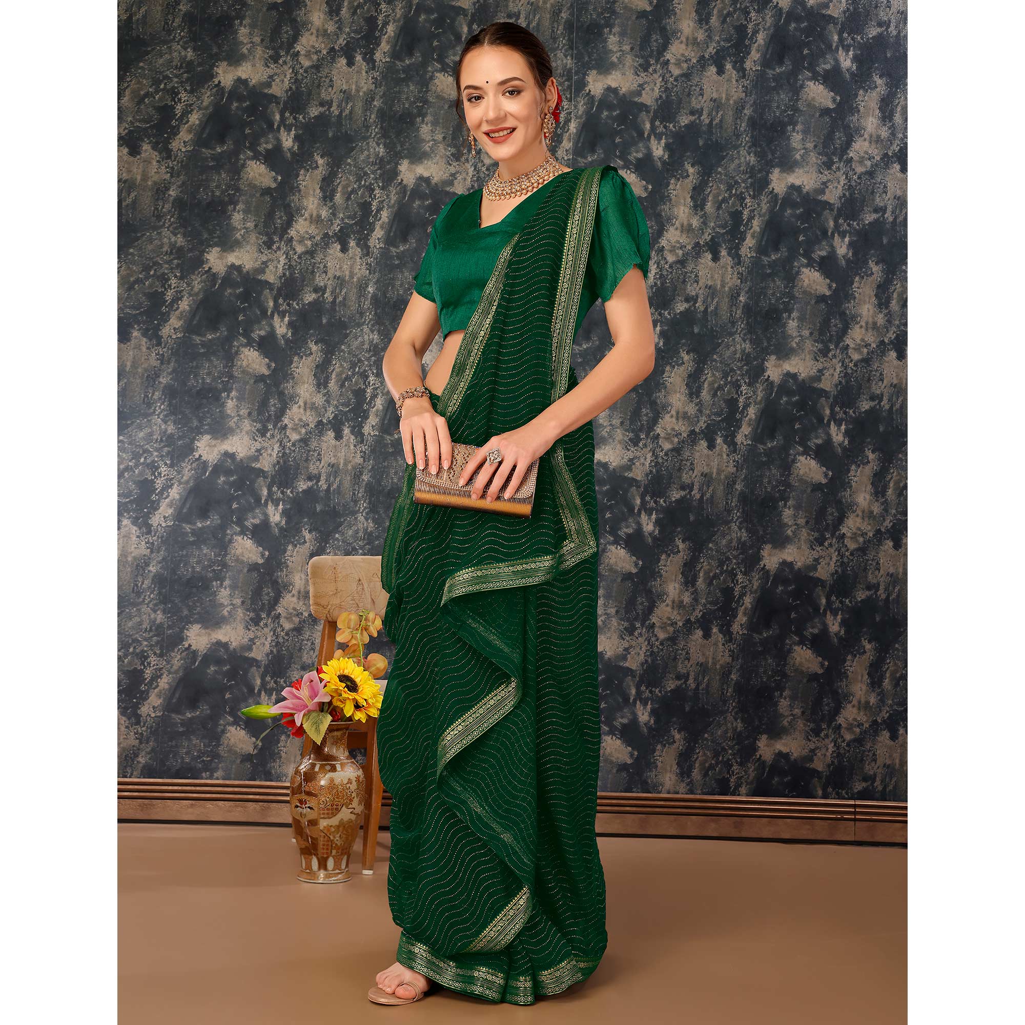 Green Zari Embroidery Chiffon Saree With Lace Border