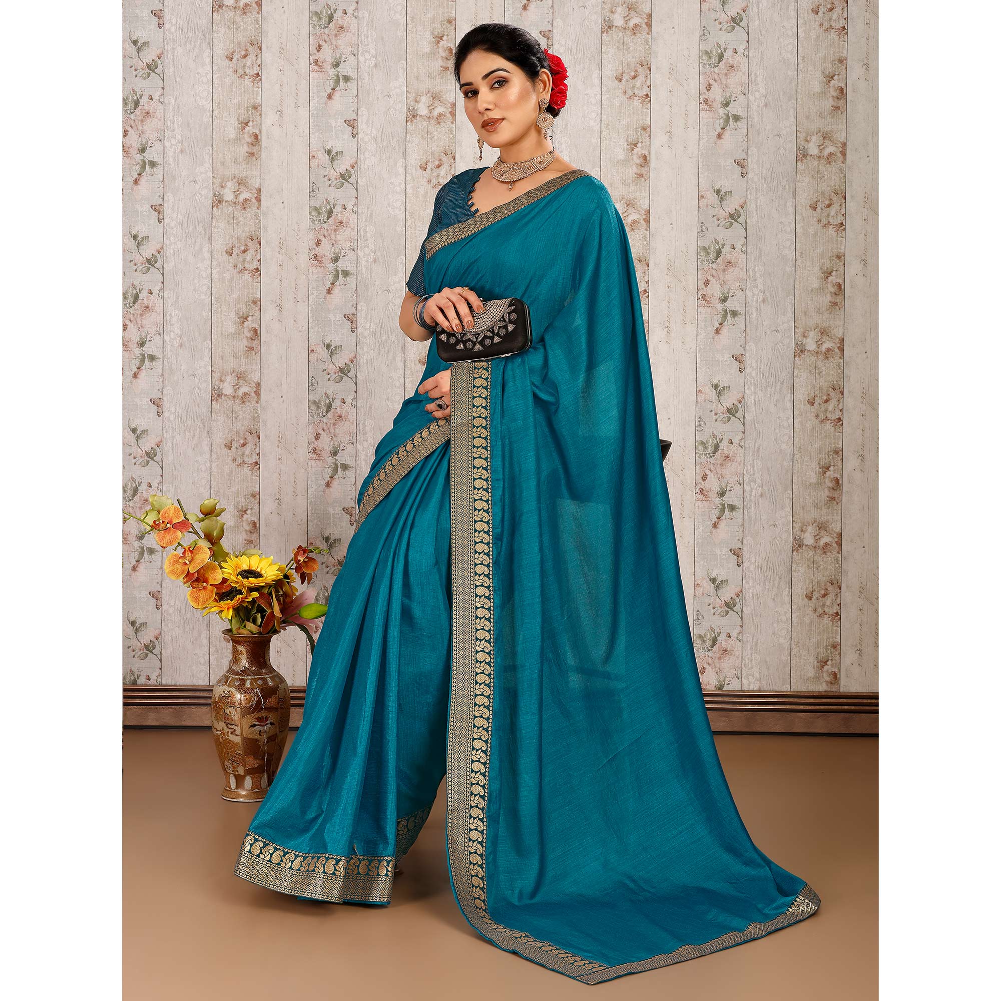 Teal Blue Solid Saree Vichitra Silk With Zari Lace Border