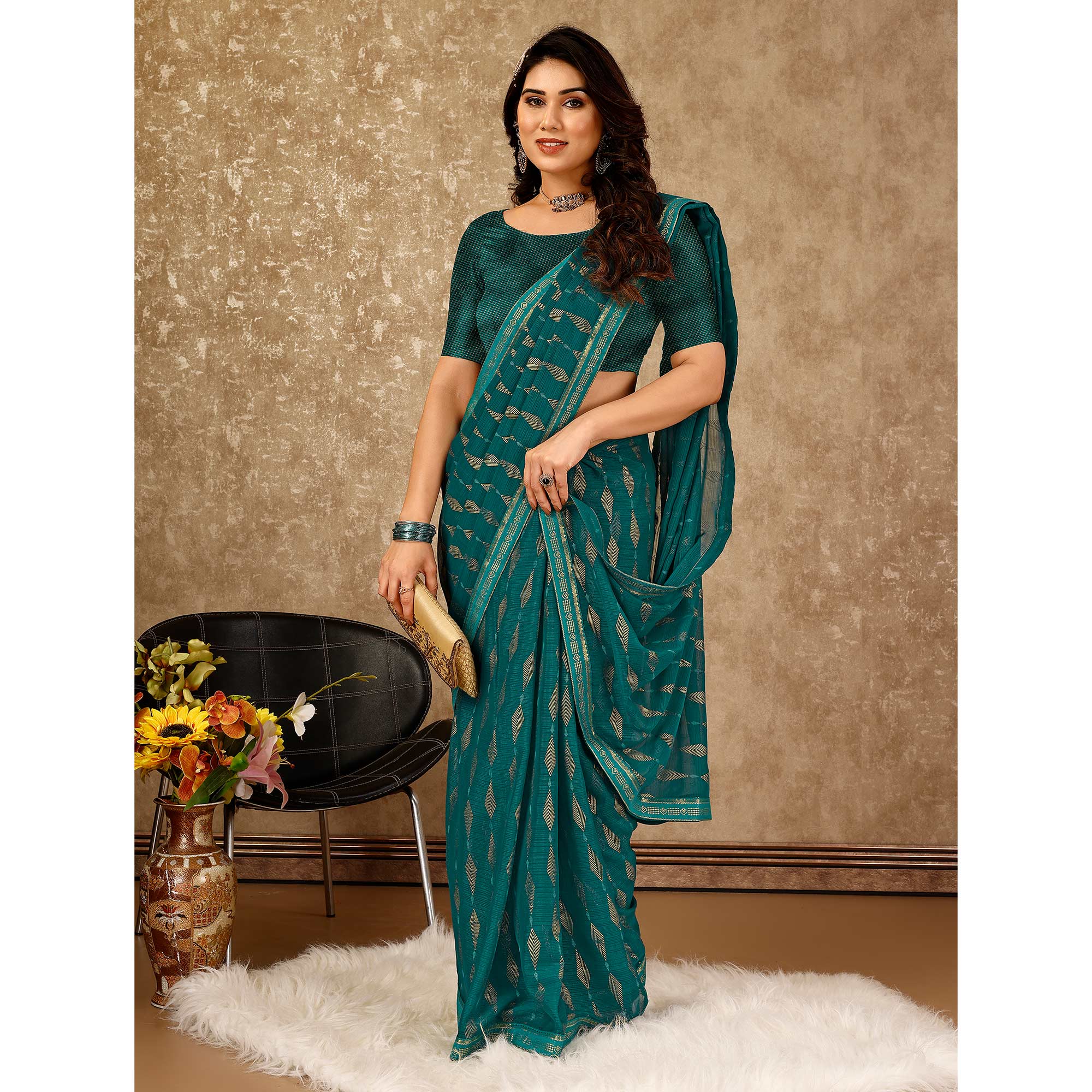 Teal Foil Printed Chiffon Saree With Lace Border