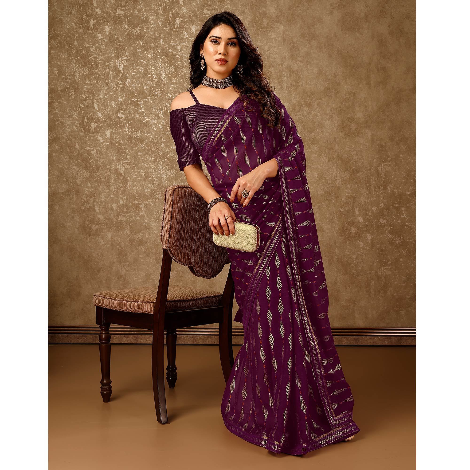 Purple Foil Printed Chiffon Saree With Lace Border