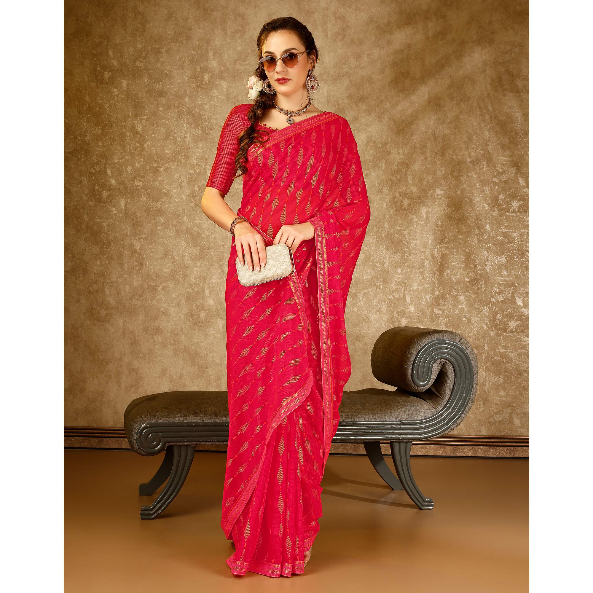 Pink Foil Printed Chiffon Saree With Lace Border