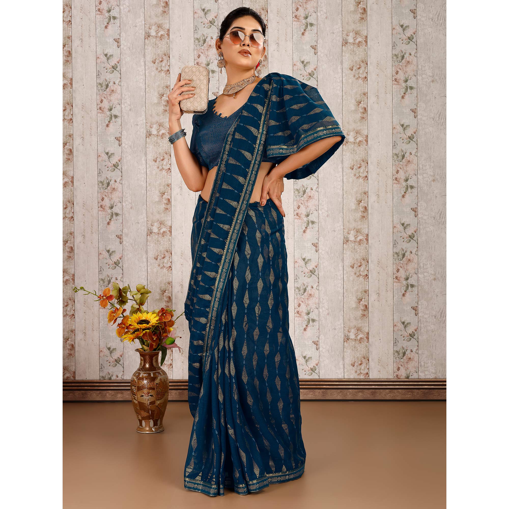 Blue Foil Printed Chiffon Saree With Lace Border