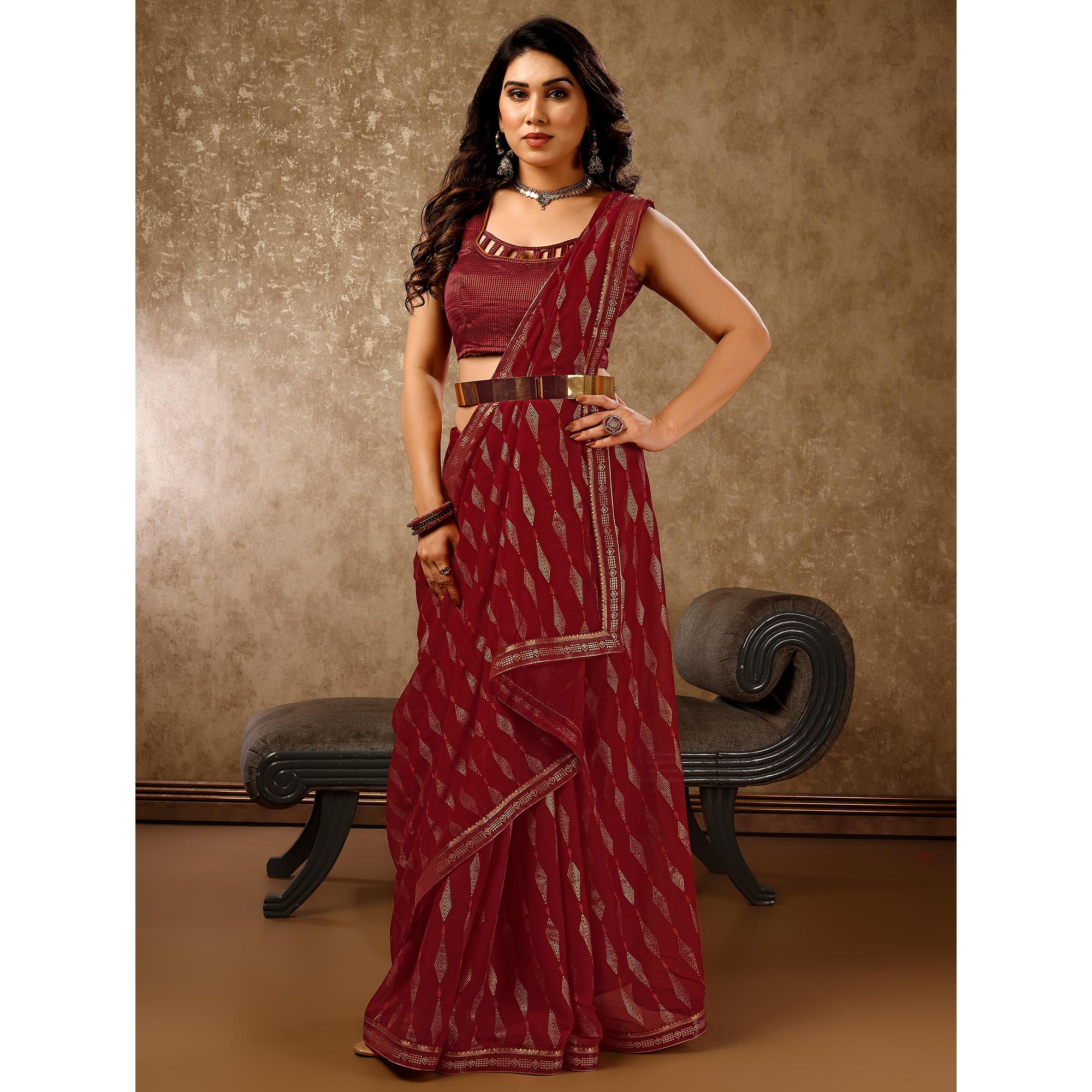 Maroon Foil Printed Chiffon Saree With Lace Border