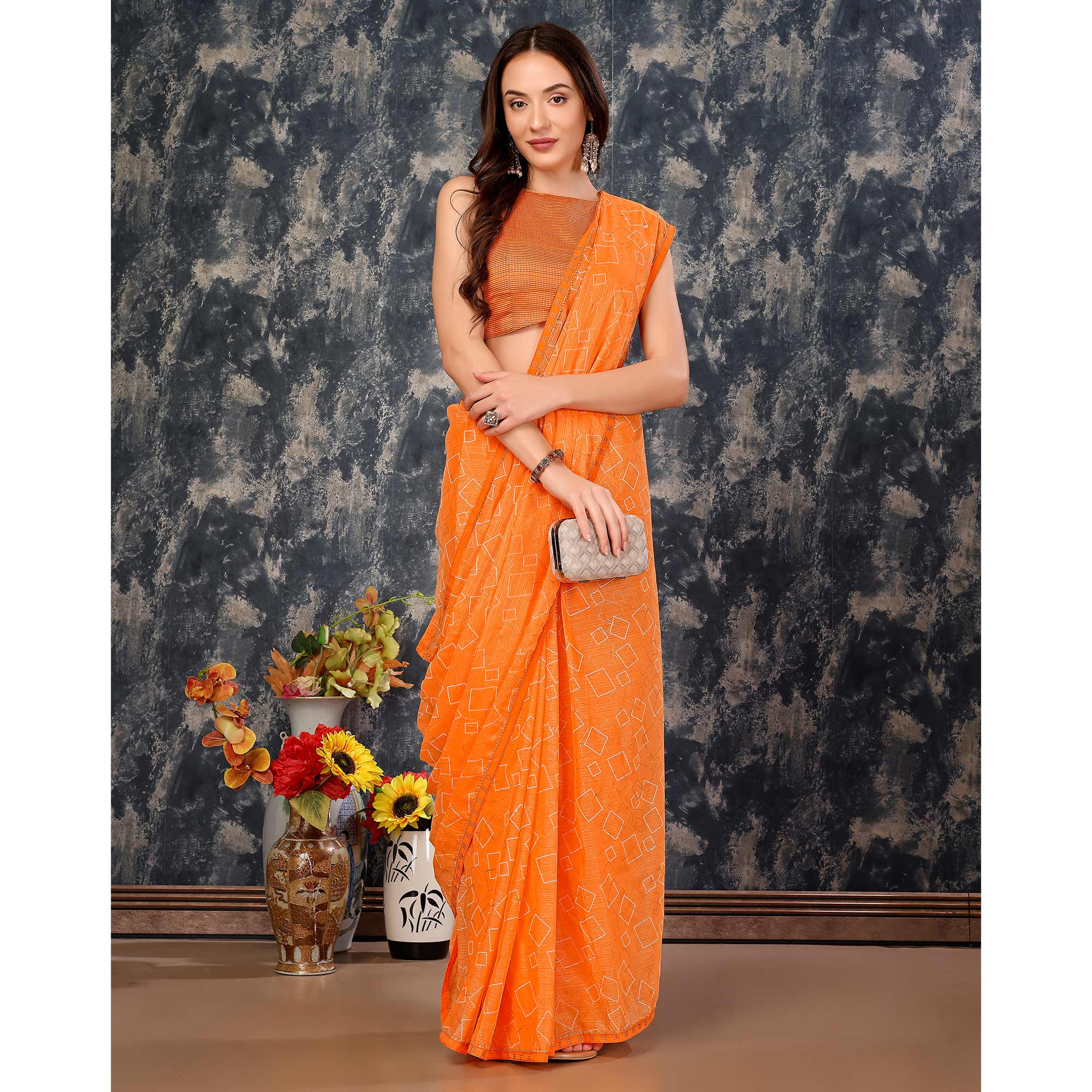 Orange Printed With Zari Work Chiffon Saree With Lace Border