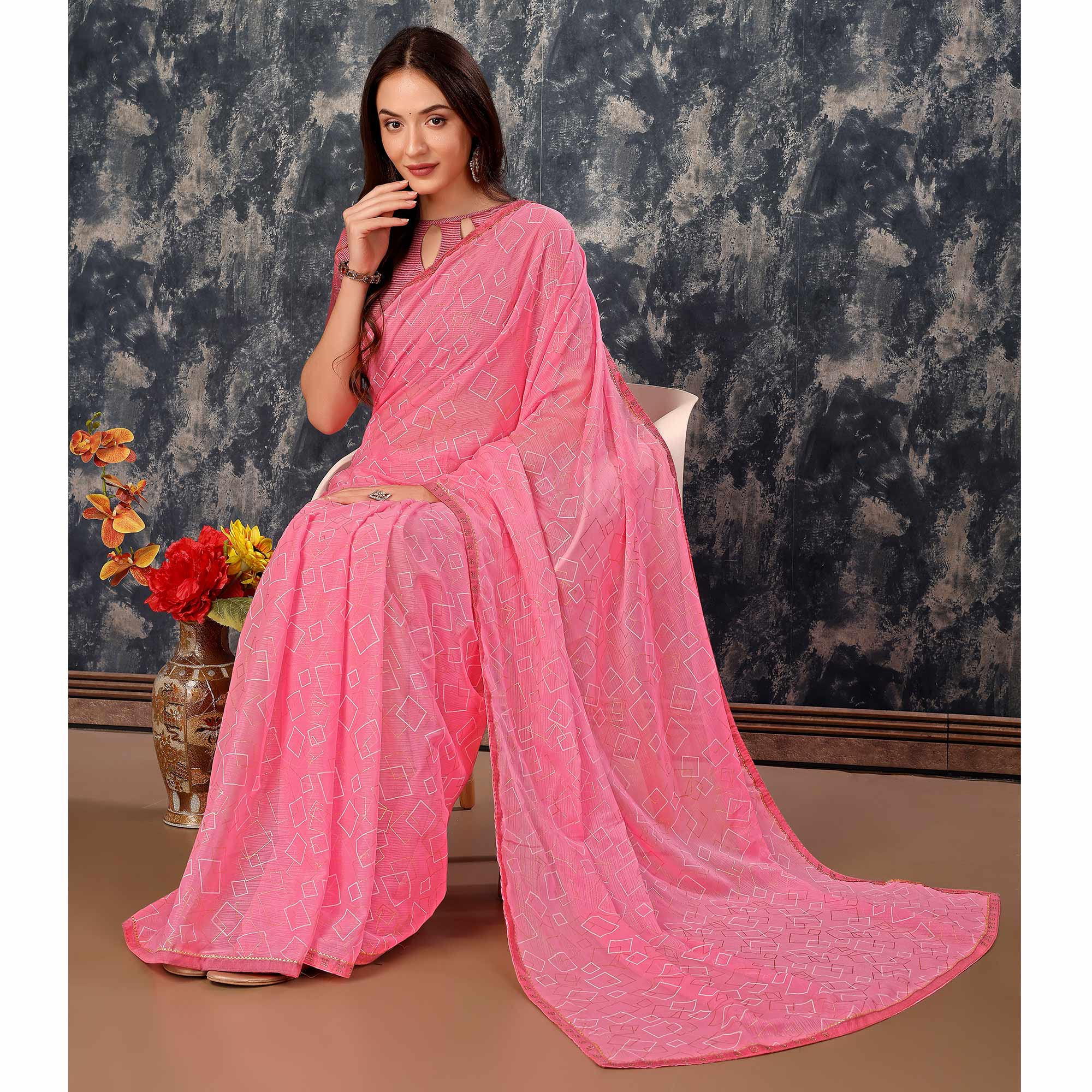 Pink Printed With Zari Work Chiffon Saree With Lace Border