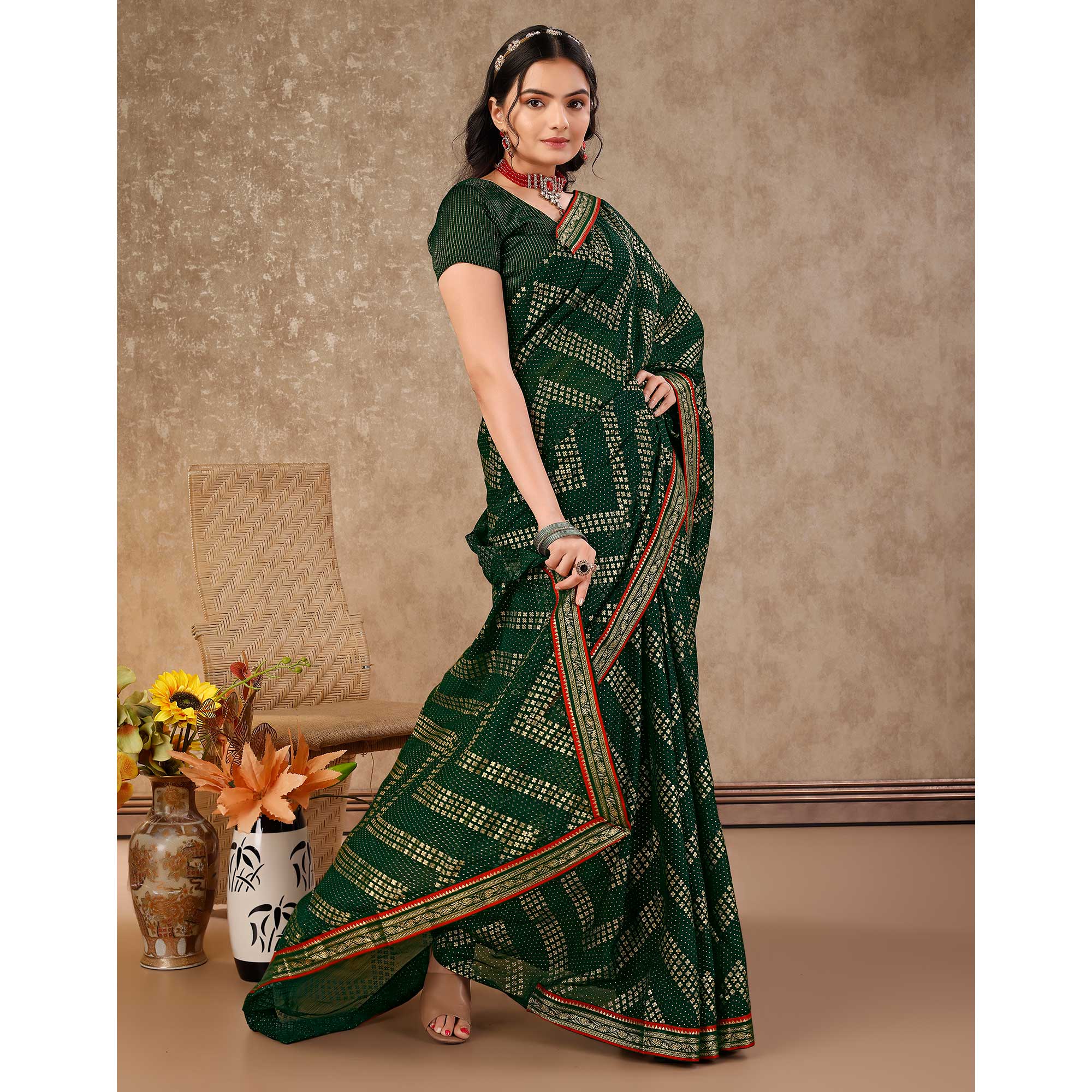 Green Foil Printed Chiffon Saree With Lace Border
