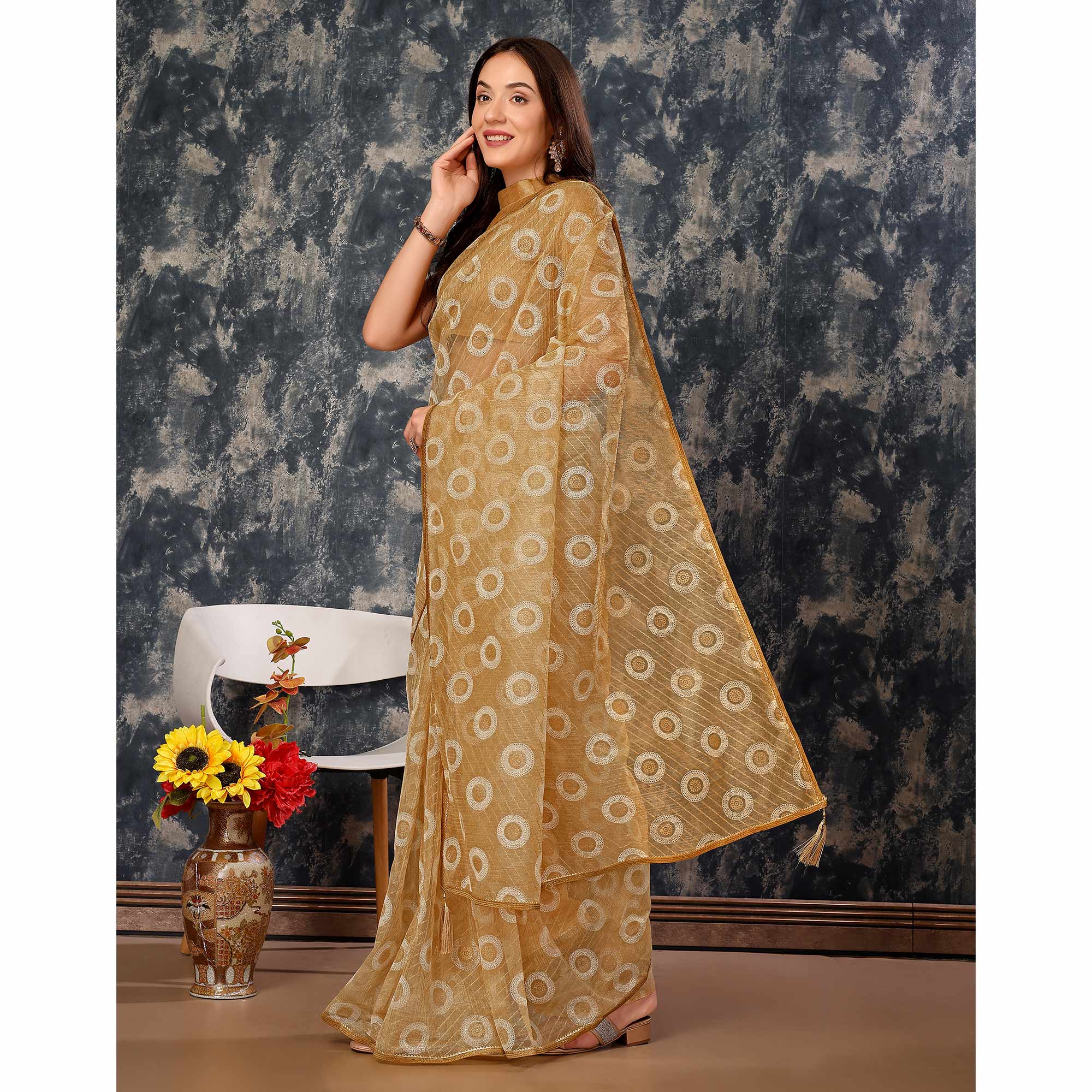 Chikoo Printed With Zari Work Cotton Silk Saree With Lace Border