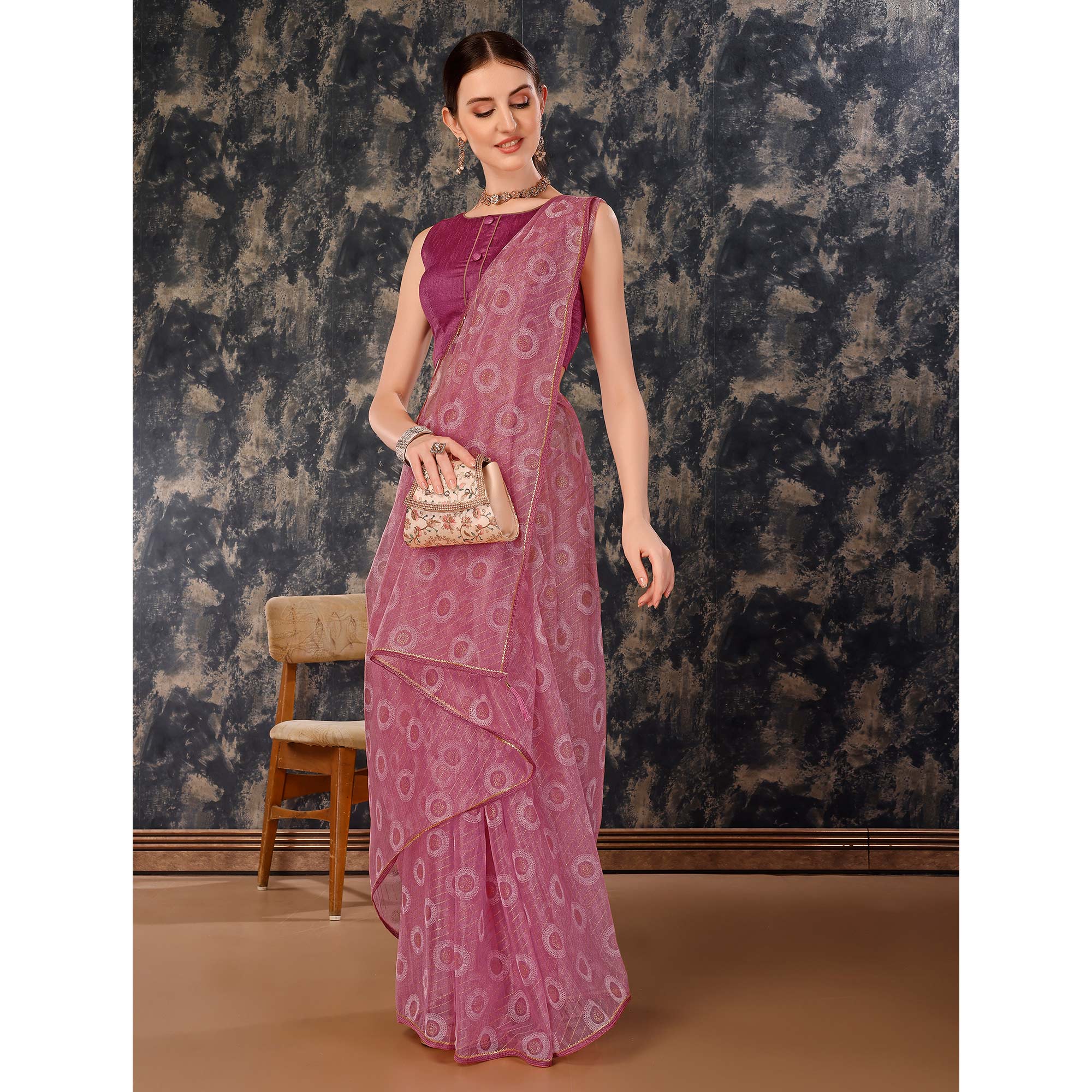 Purple Printed With Zari Work Cotton Silk Saree With Lace Border