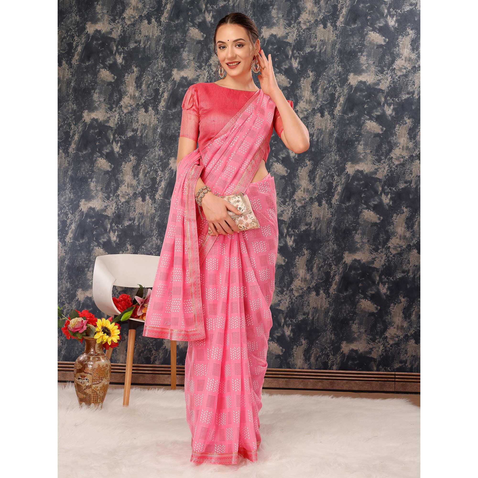 Pink Printed Chiffon Saree With Lace Border