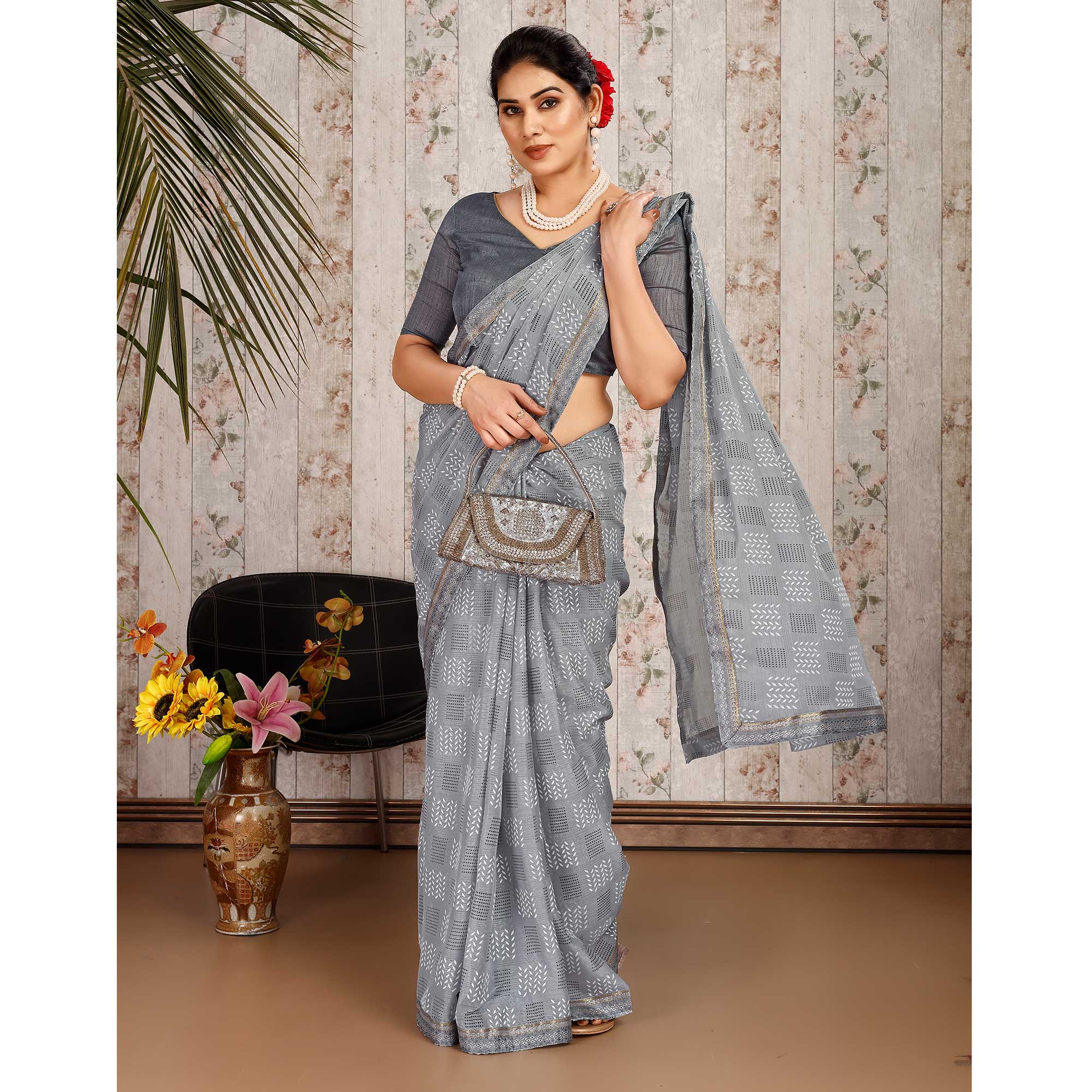 Grey Printed Chiffon Saree With Lace Border