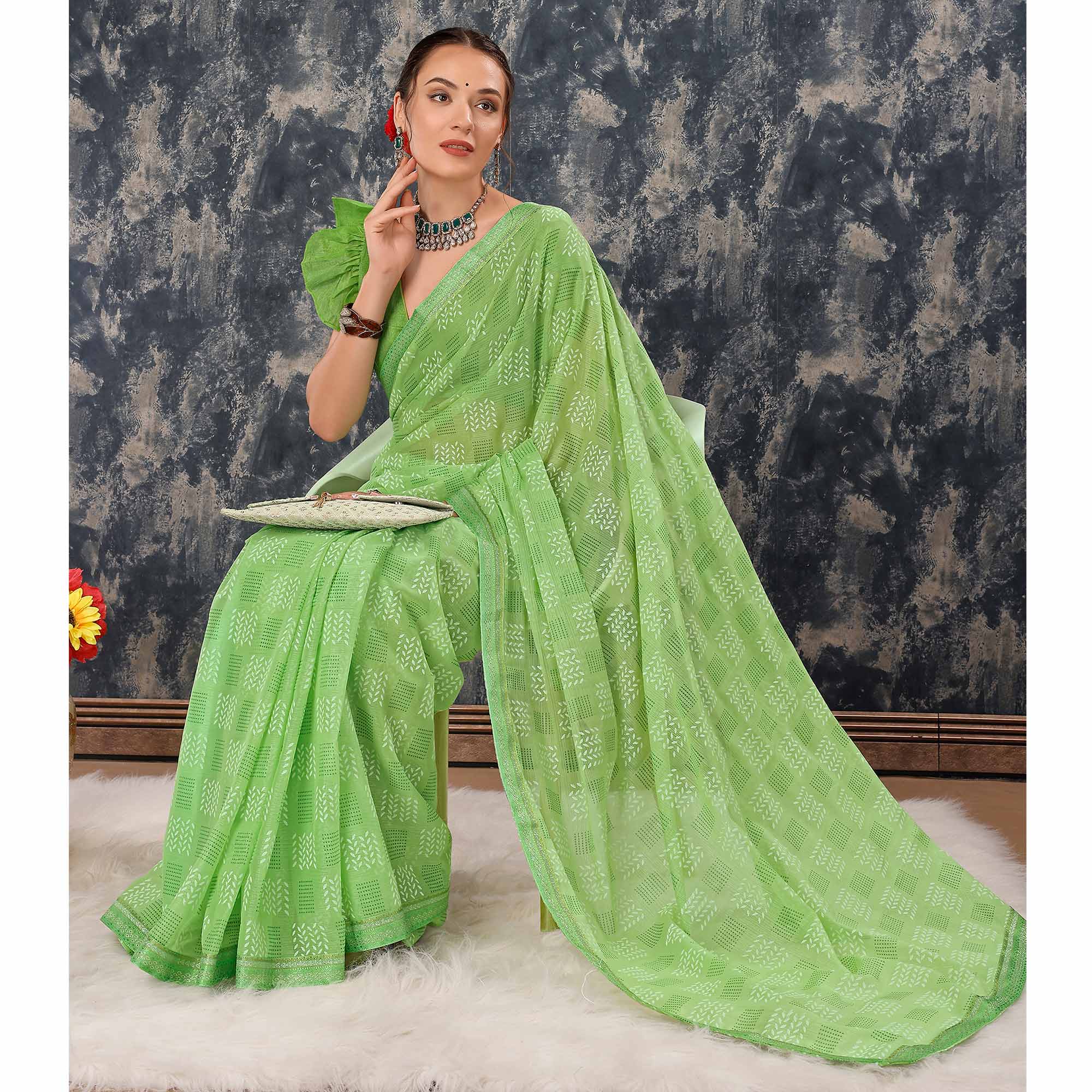 Green Printed Chiffon Saree With Lace Border