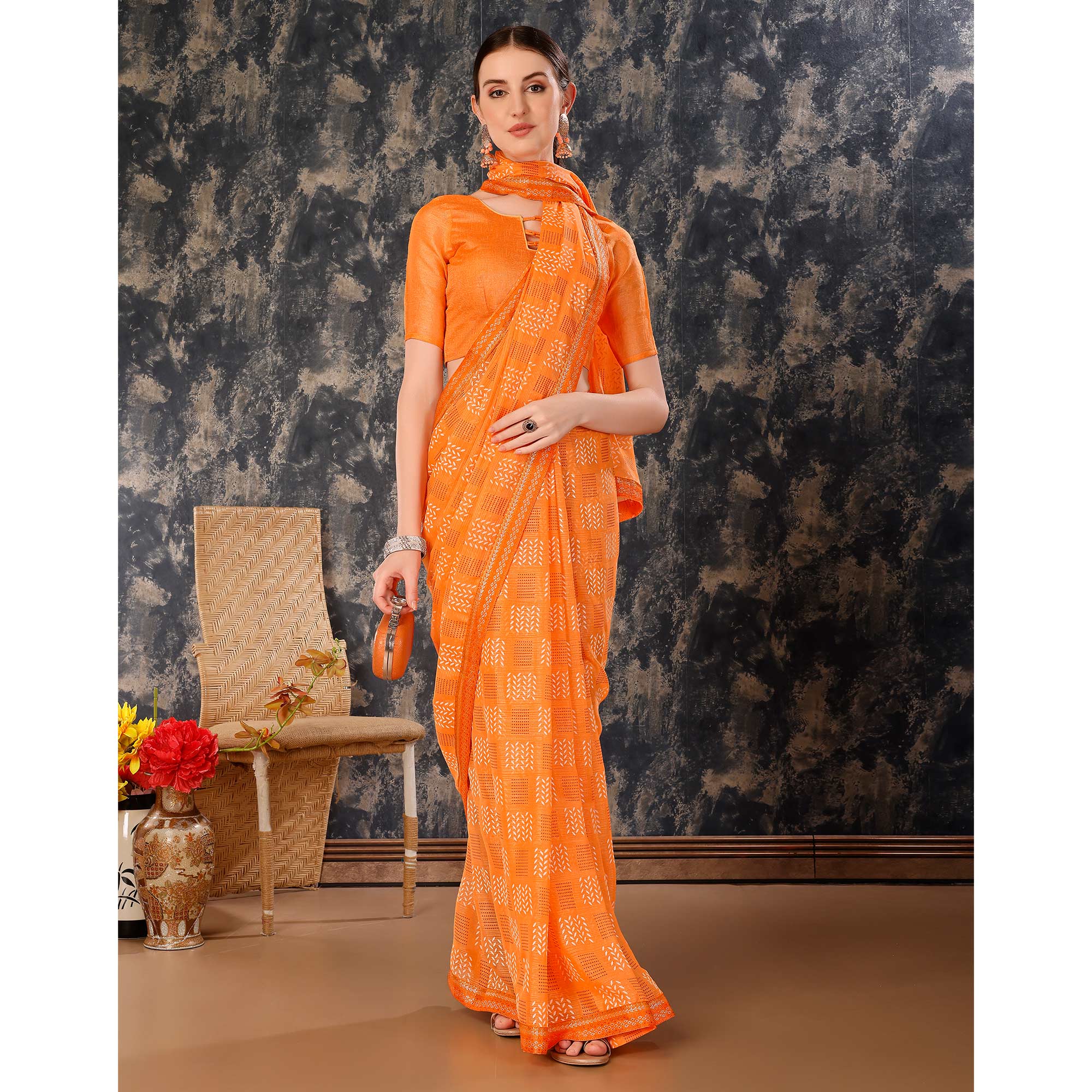 Orange Printed Chiffon Saree With Lace Border