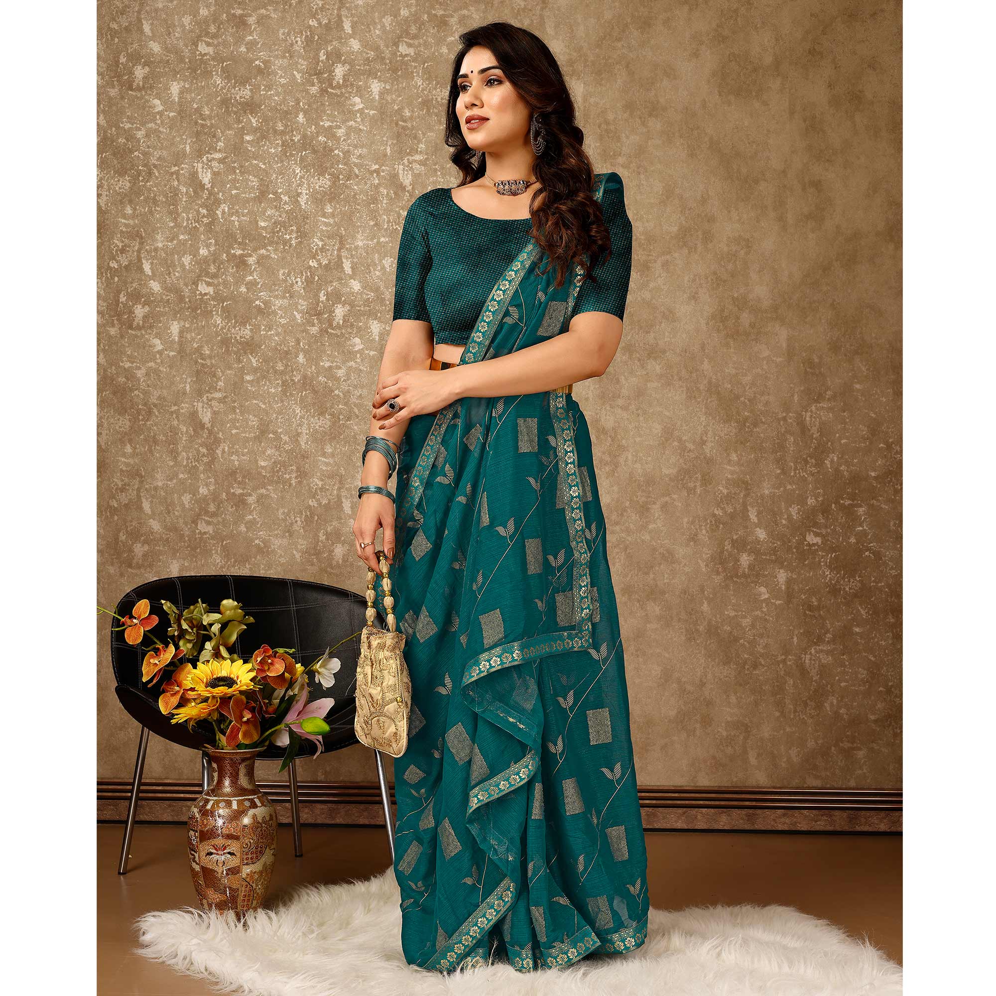 Teal Blue Floral Foil Printed Chiffon Saree With Lace Border