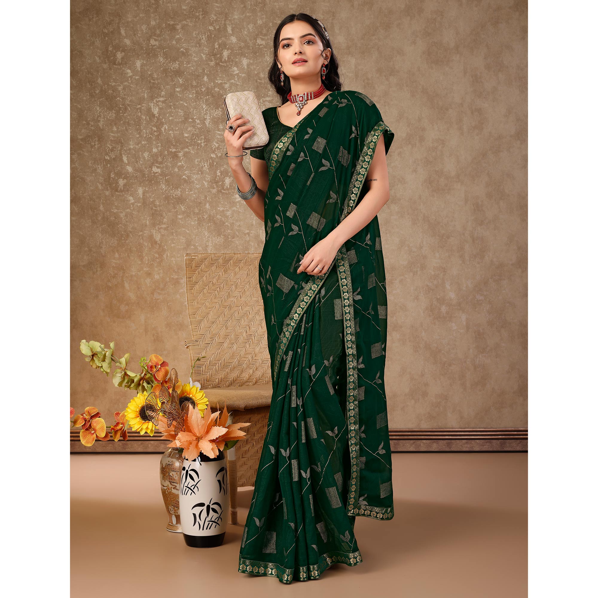 Green Floral Foil Printed Chiffon Saree With Lace Border