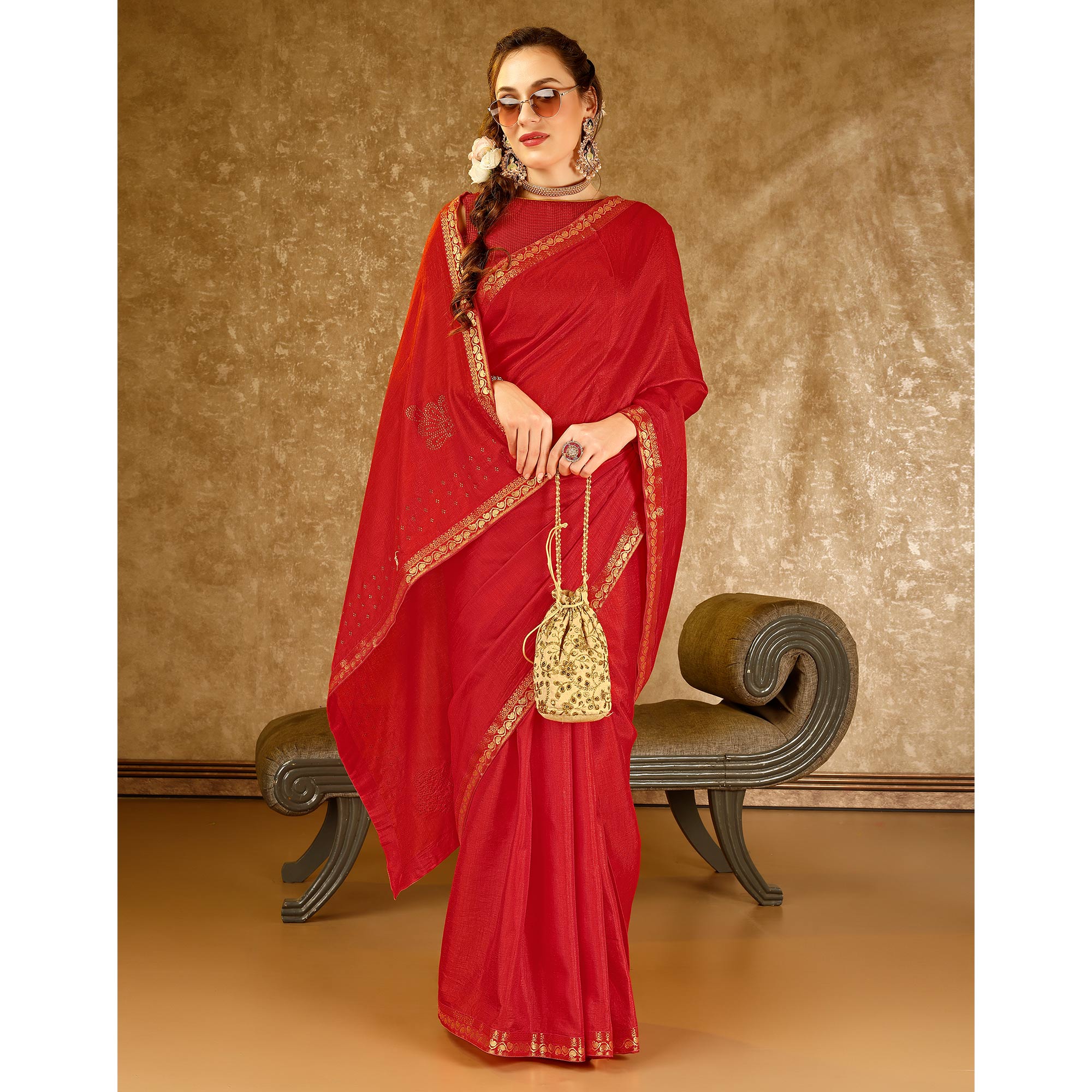 Red Swarovski Work Vichitra Silk Saree With Lace Border