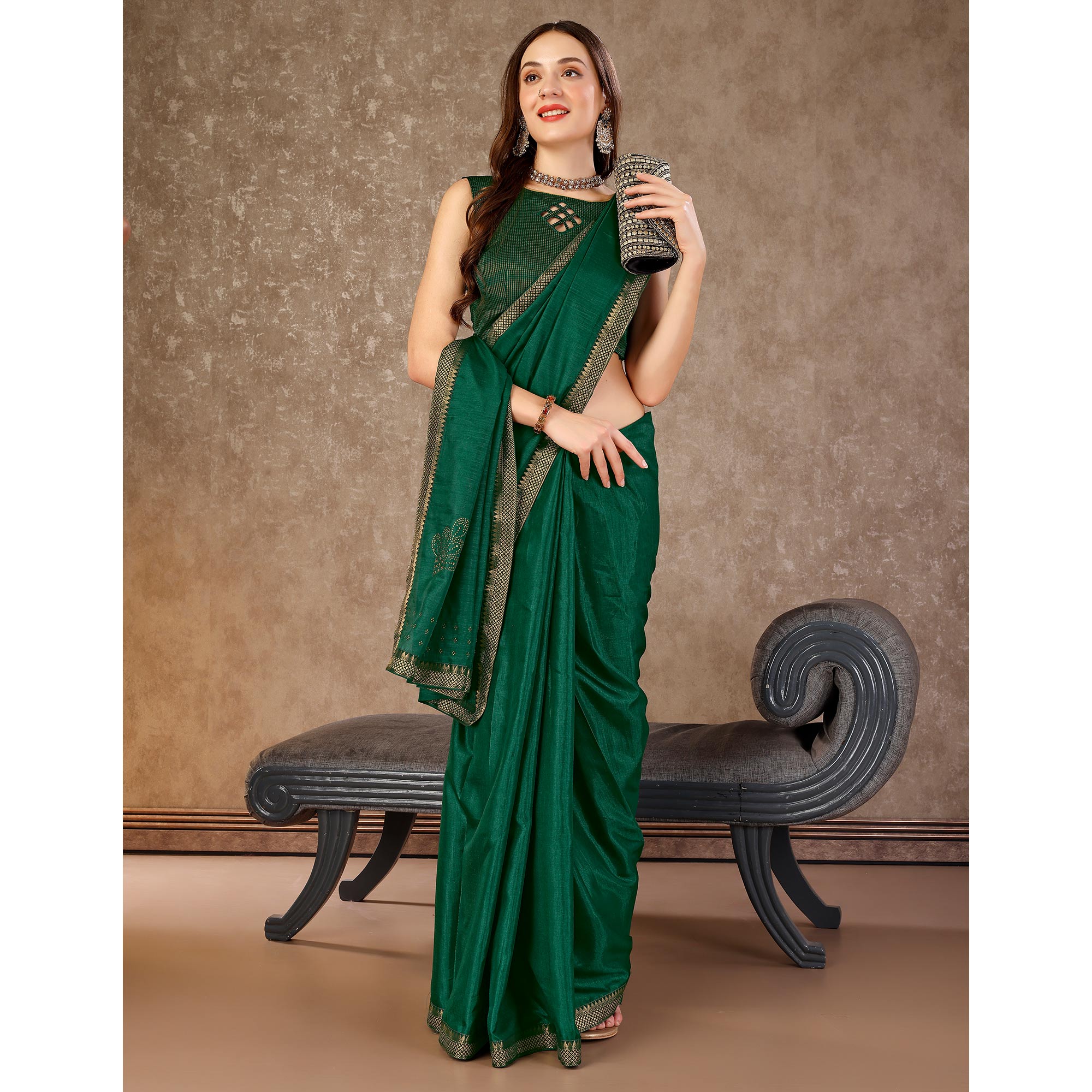 Green Swarovski Work Vichitra Silk Saree With Lace Border