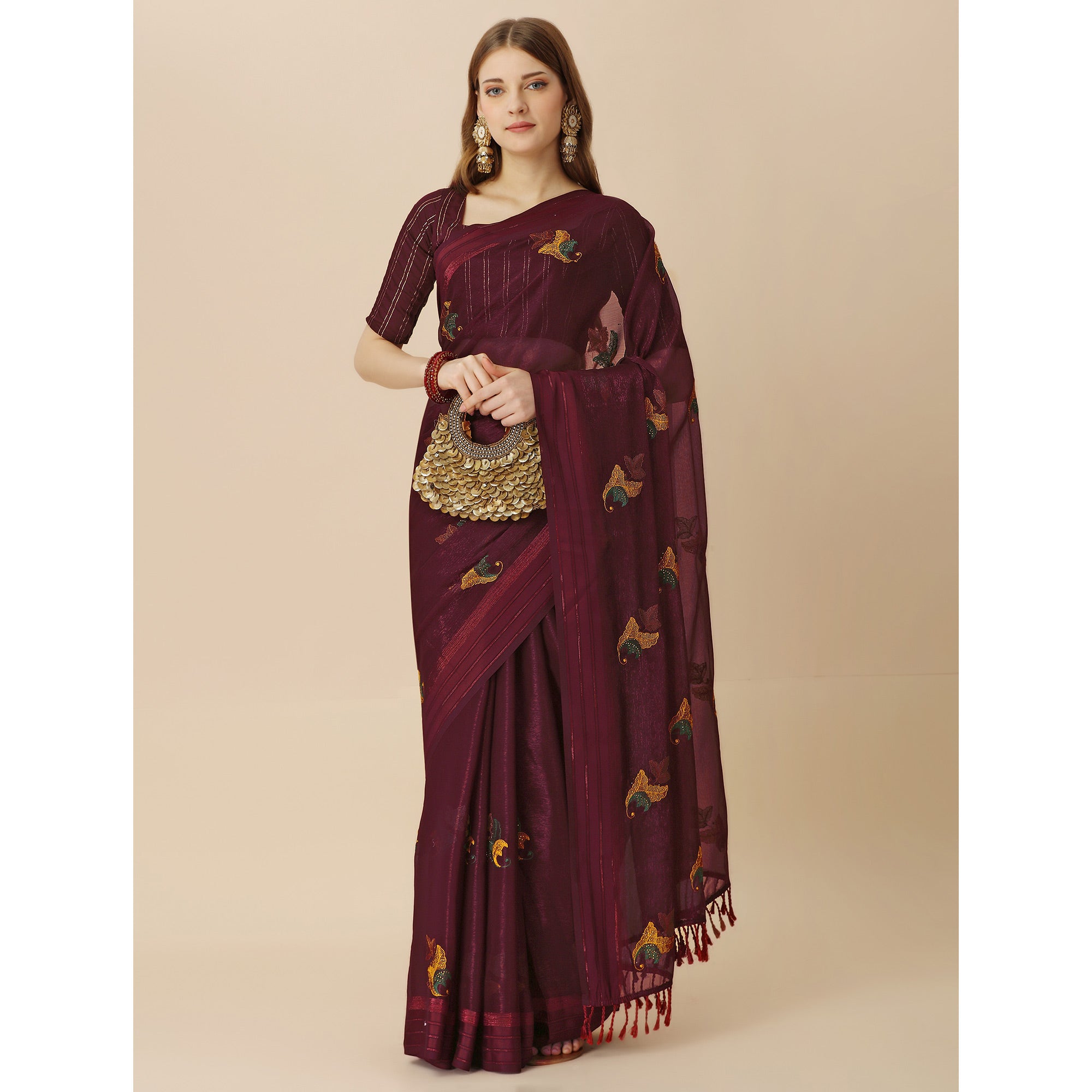 Maroon Floral Embroidered Chiffon Saree With With Tassels