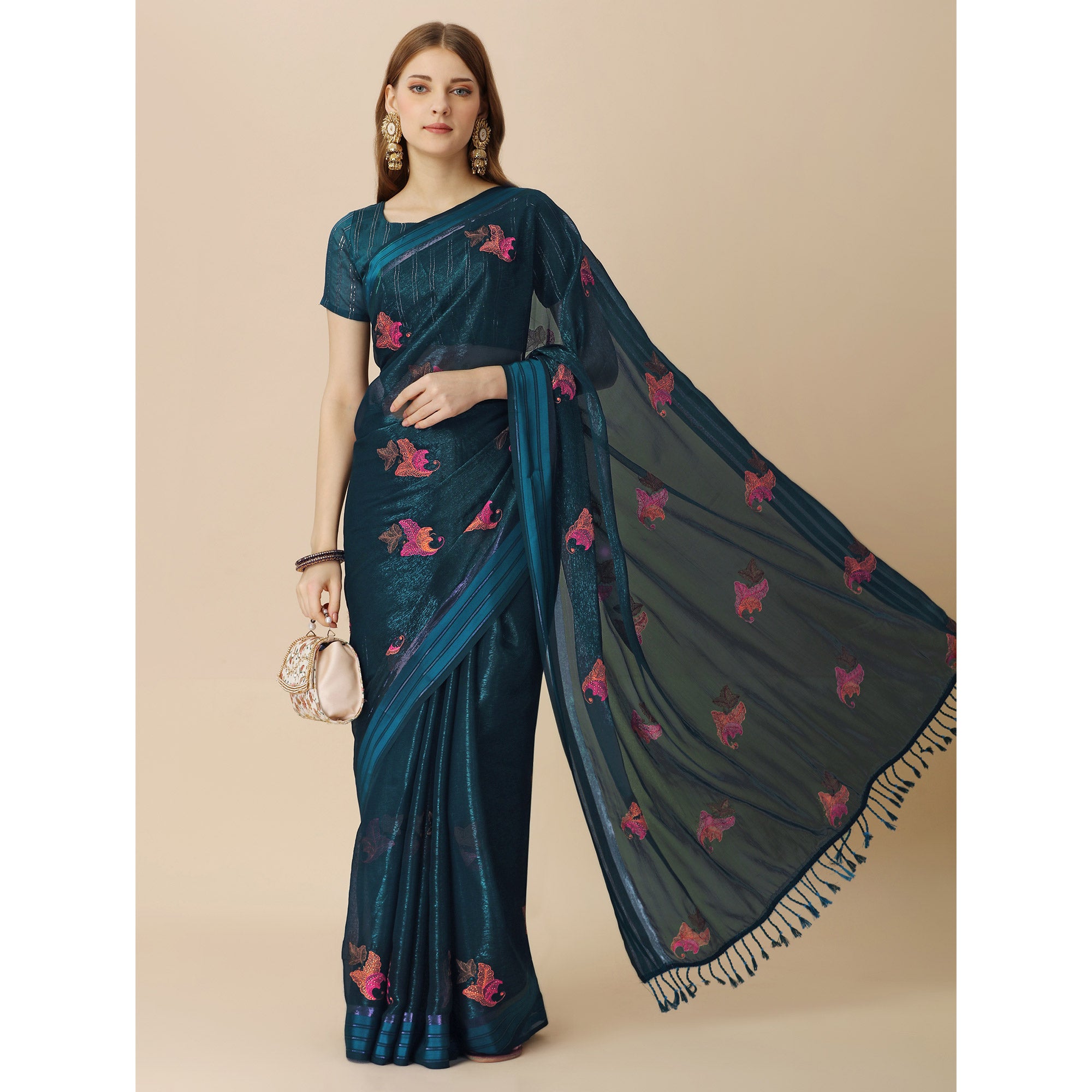 Dark Blue Floral Embroidered Chiffon Saree With With Tassels