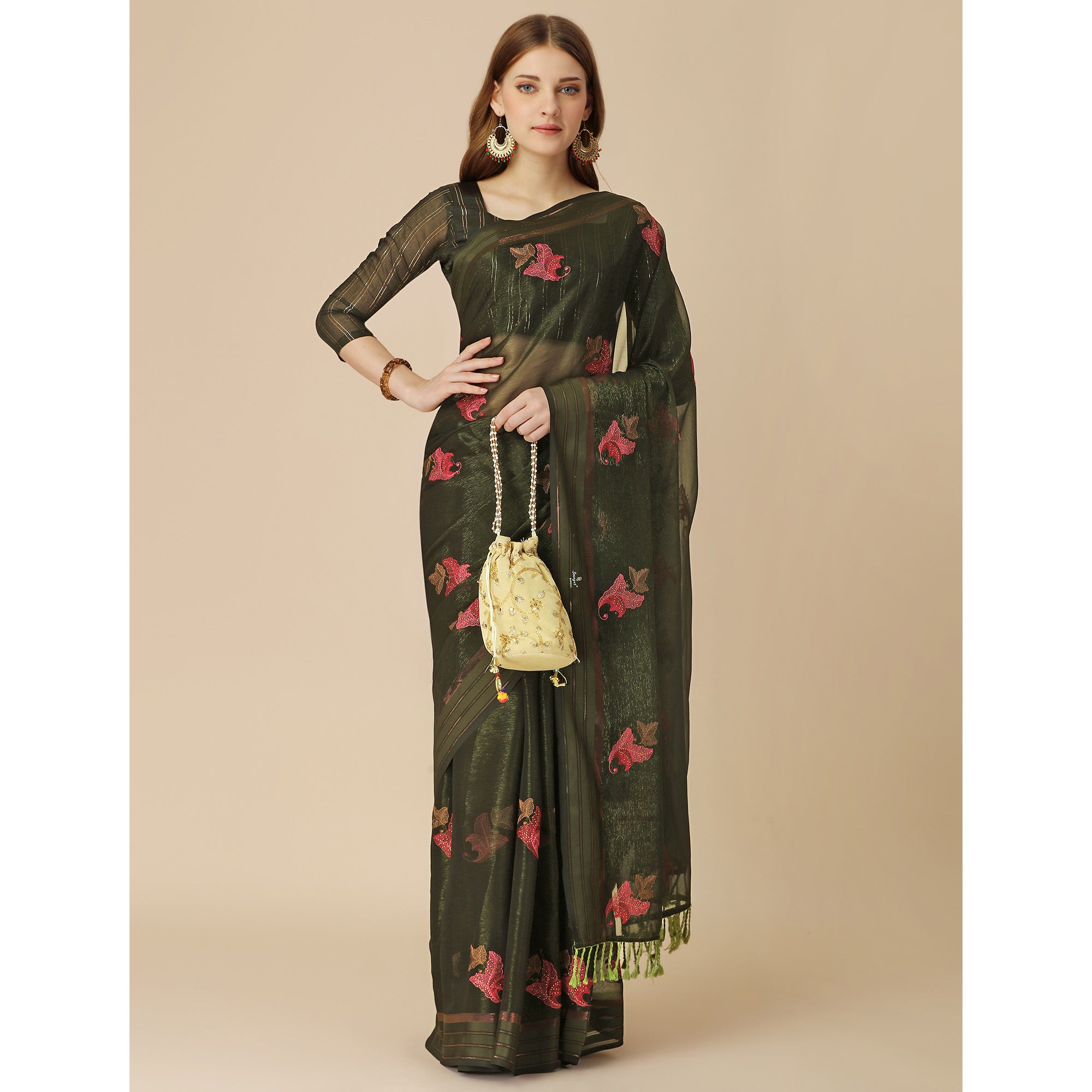 Dark Green Floral Embroidered Chiffon Saree With With Tassels