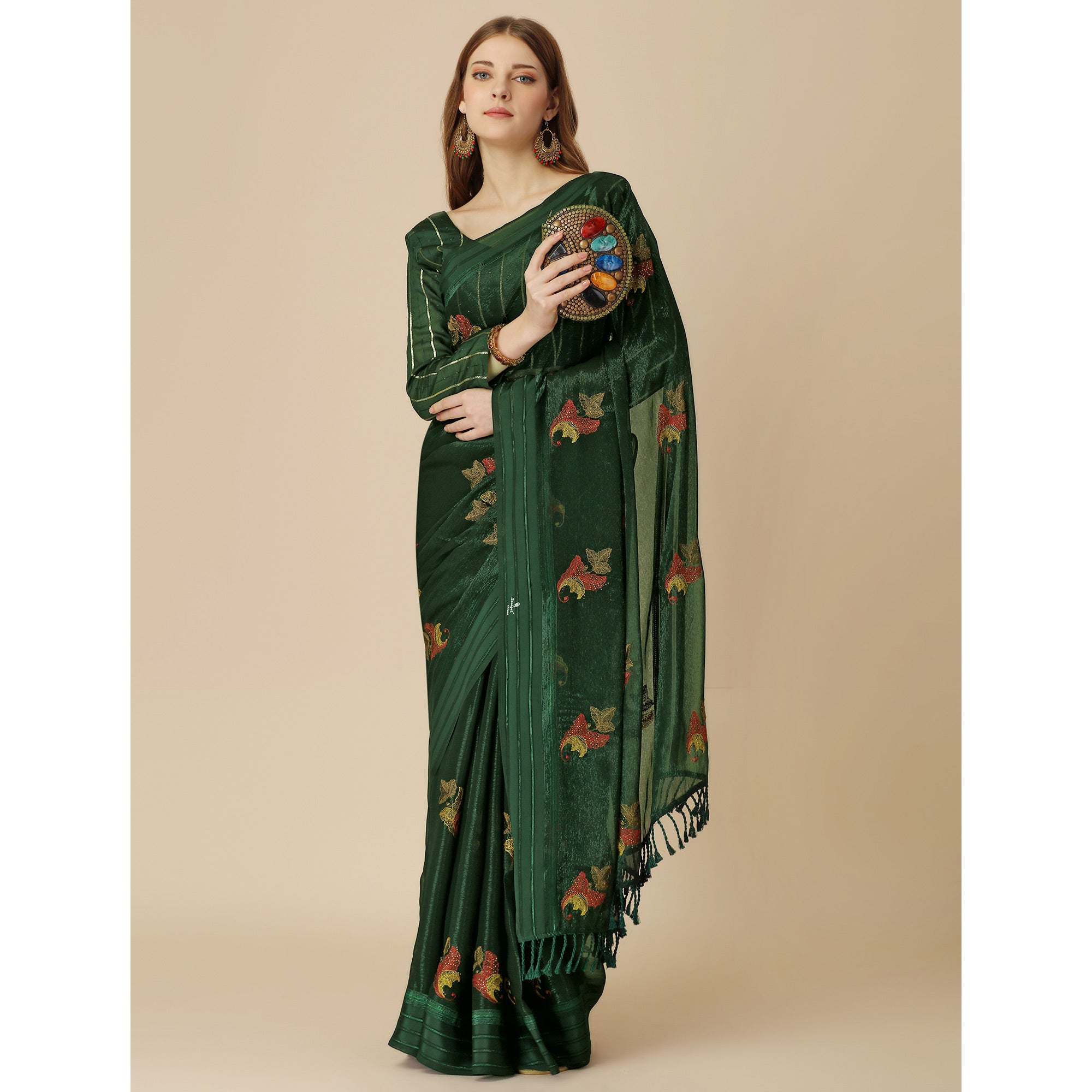 Green Floral Embroidered Chiffon Saree With With Tassels