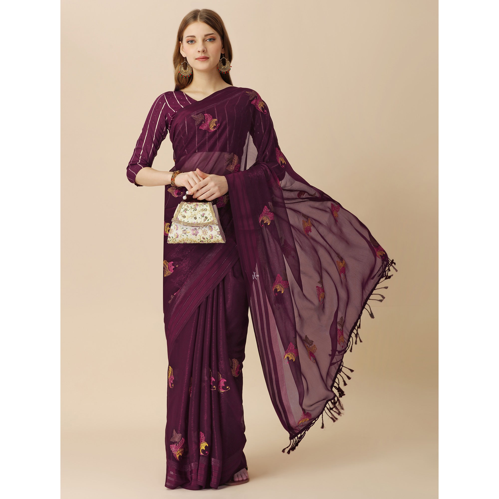 Burgundy Floral Embroidered Chiffon Saree With With Tassels