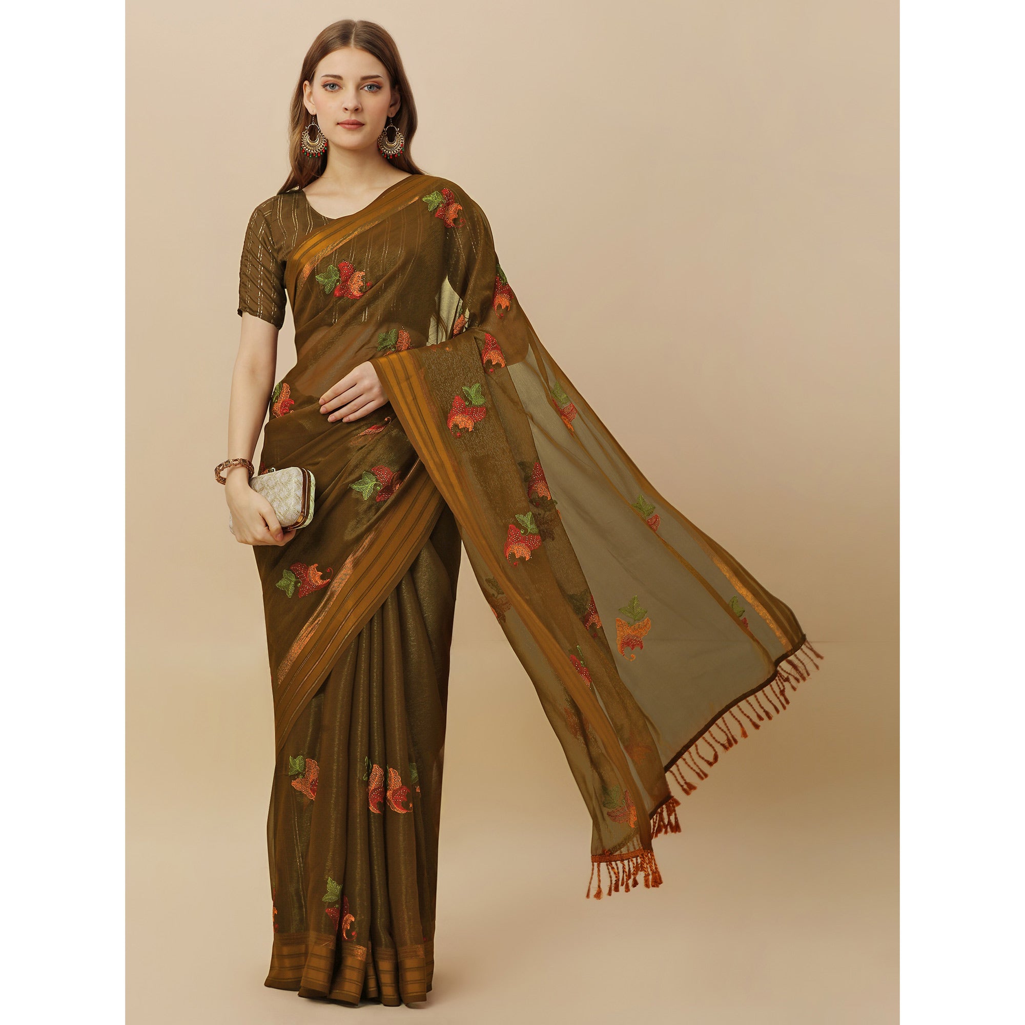 Mehendi Green Floral Embroidered Chiffon Saree With With Tassels