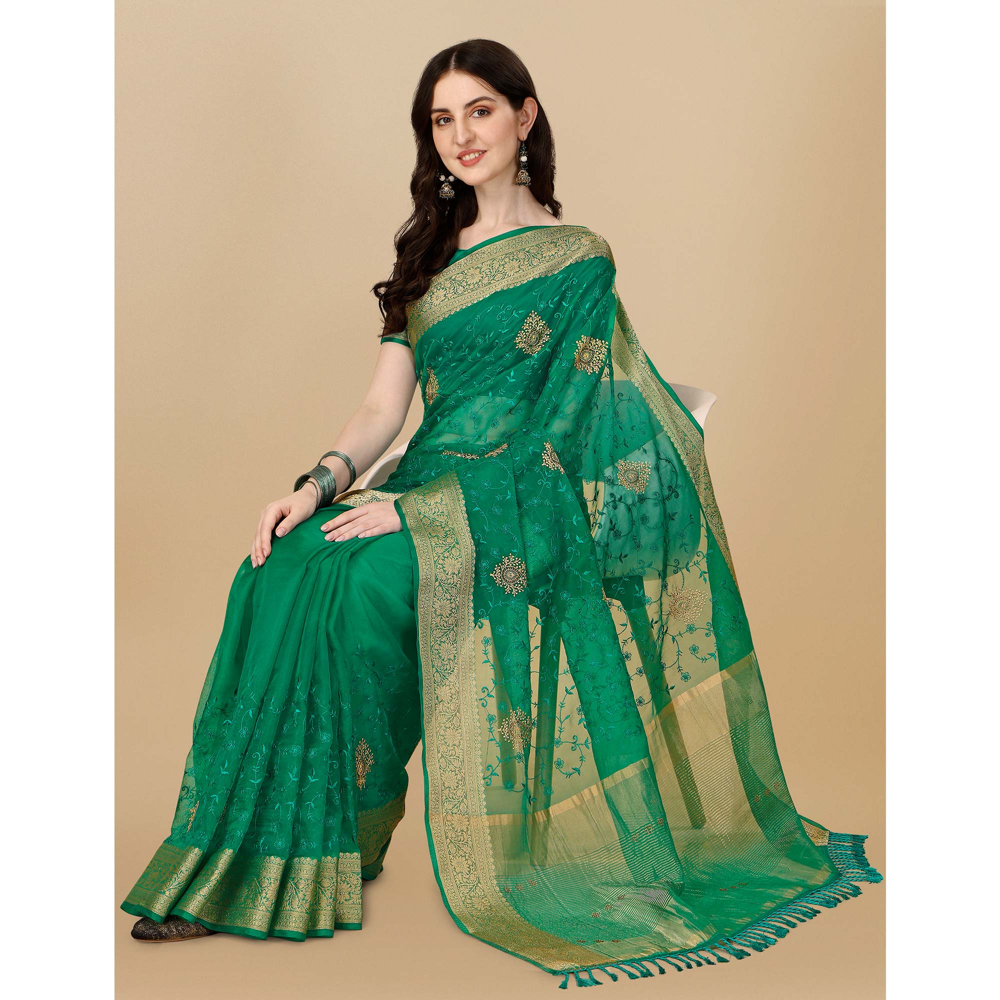 Green Floral Embroidered Organza Saree