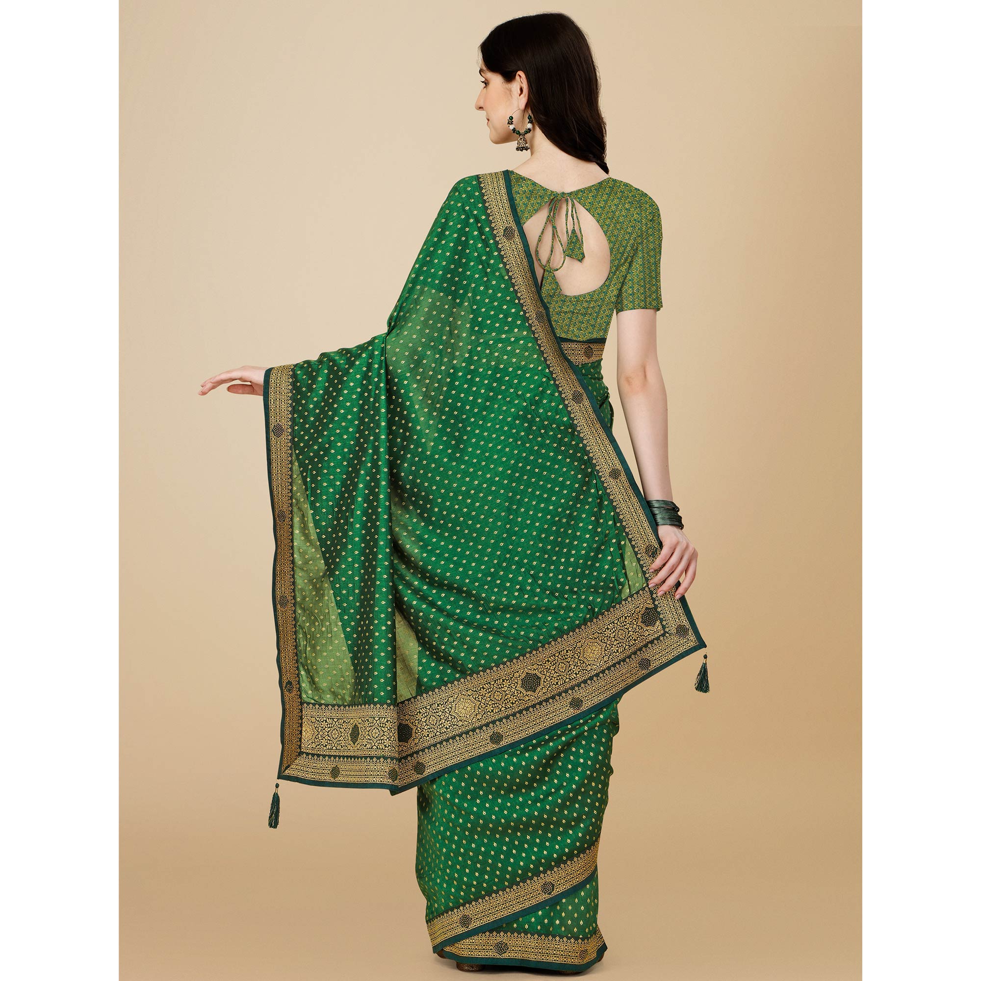 Green Foil Printed With Swarovski Vichitra Silk Saree