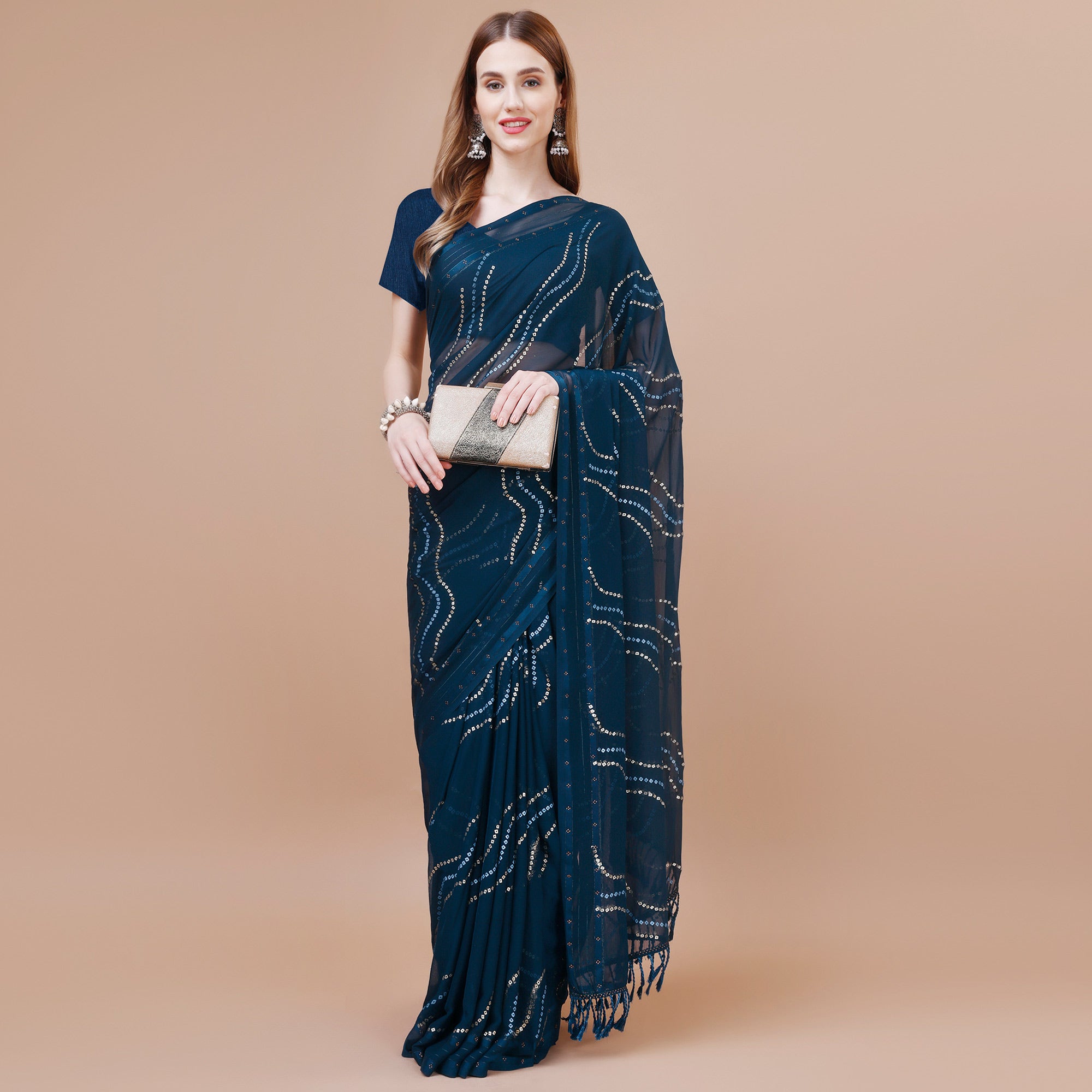 Blue Bandhani Printed Chiffon Saree With Tassels