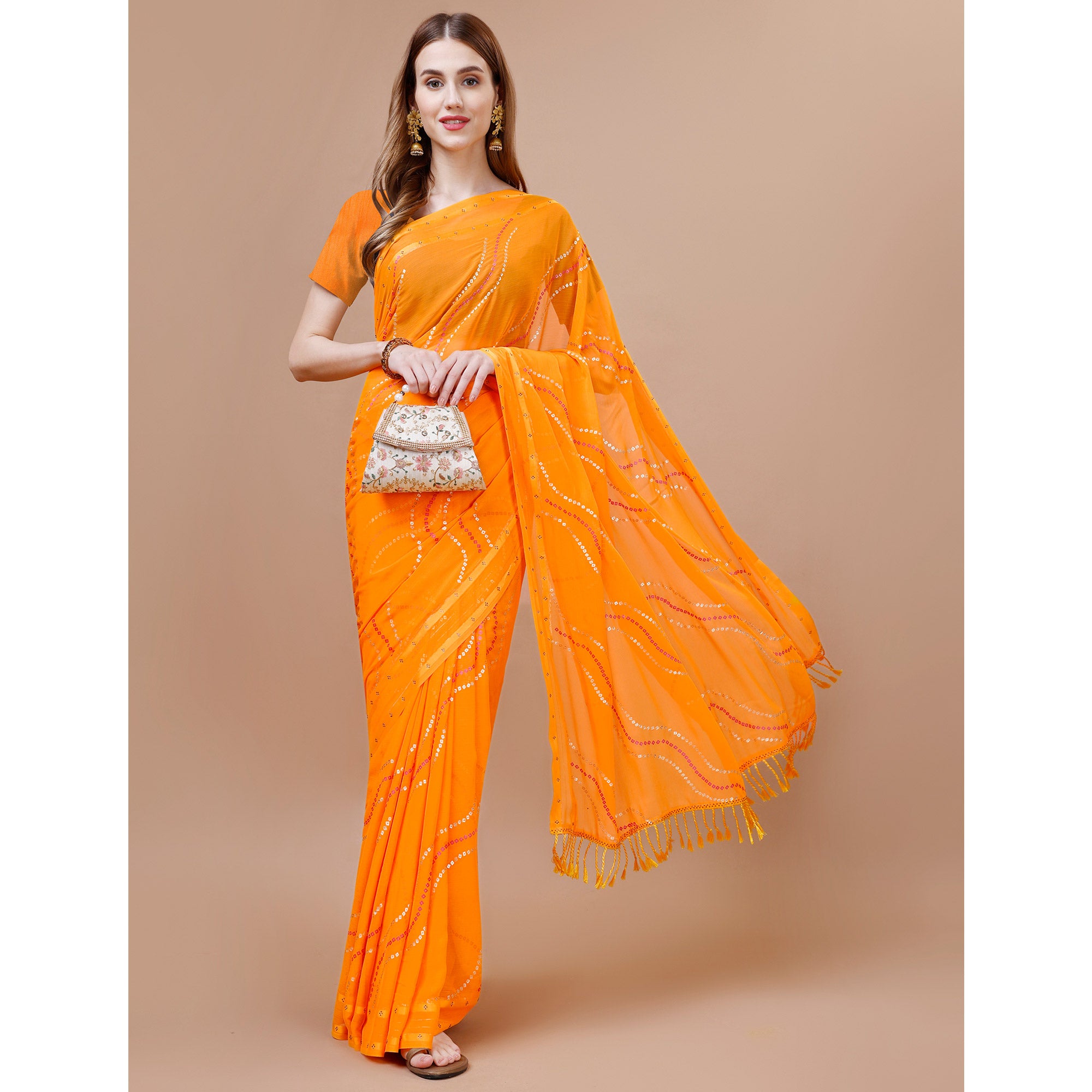 Orange Bandhani Printed Chiffon Saree With Tassels